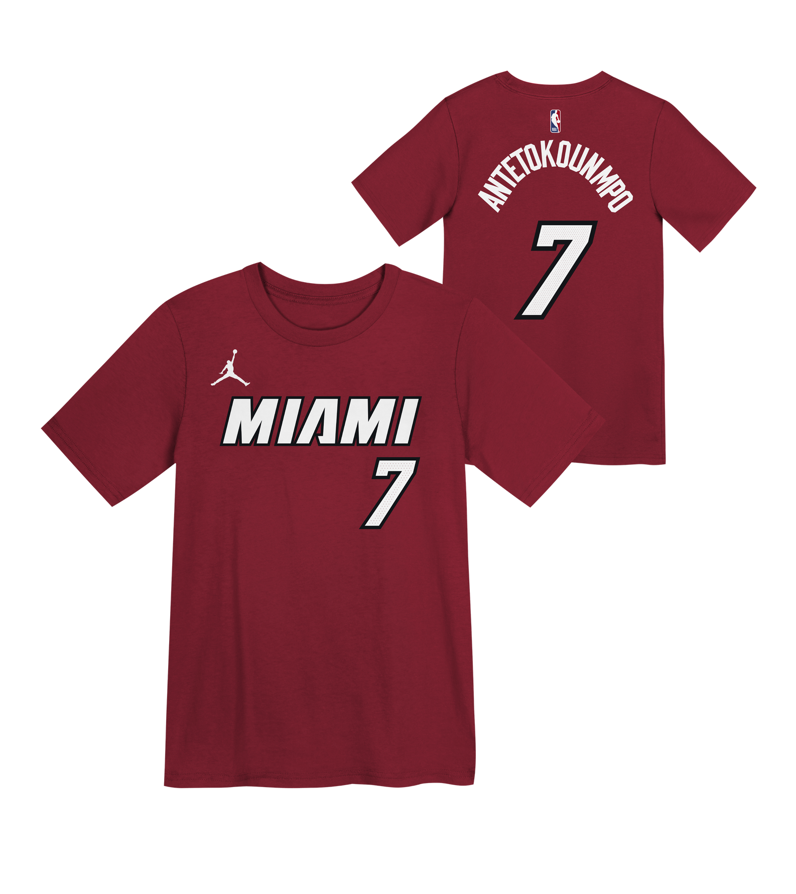The Giannis Antetokounmpo Nike Jordan Brand Statement Red Name & Number Kids Tee is a red cotton t-shirt featuring the number 7 on both the front and back, with “ANTETOKOUNMPO” printed on the back. Both Jordan and NBA logos are present, and the standard fit tee is machine washable for easy care. Front and back views shown.