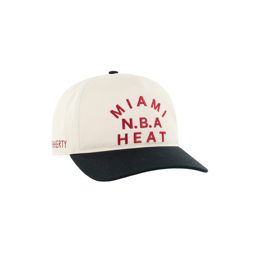 ’47 Brand x Faherty Miami HEAT Hitch Snapback, a cream-colored cotton hat with a dark brim, featuring MIAMI N.B.A HEAT in red lettering on the front and a small logo on the side.