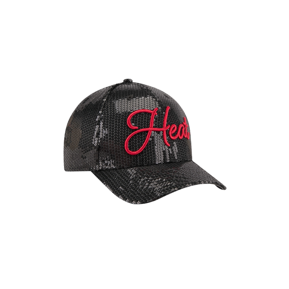 New Era Miami HEAT Sequins Women’s Snapback by New Era, featuring sparkling black sequins and the word “HEAT” embroidered across the front in bold red script. Shown angled to the left against a plain white background, this one-size snapback delivers a comfortable fit and is easy to maintain—simply spot clean as needed.