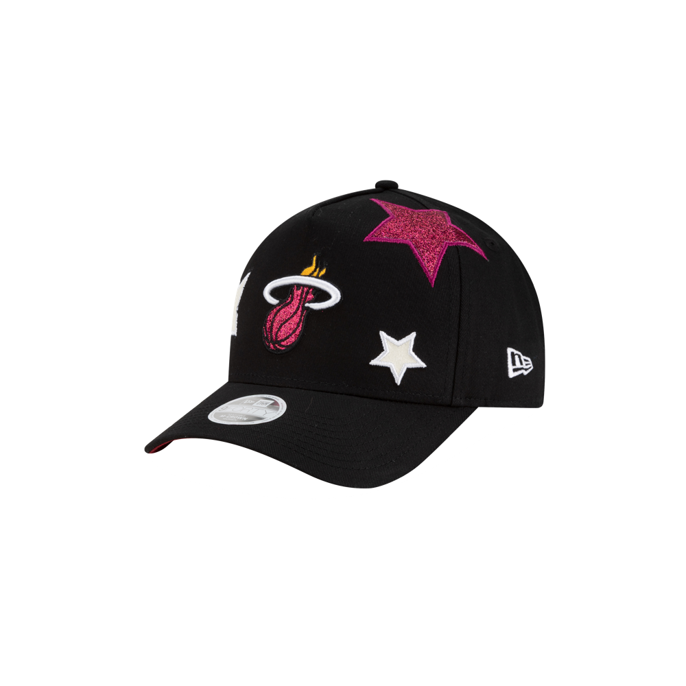 The New Era Miami HEAT Stardom Women's Hat is a black cap with the team logo, pink and white embroidered stars, and the New Era 9FORTY logo—ideal for fans wanting a stylish, modern look.