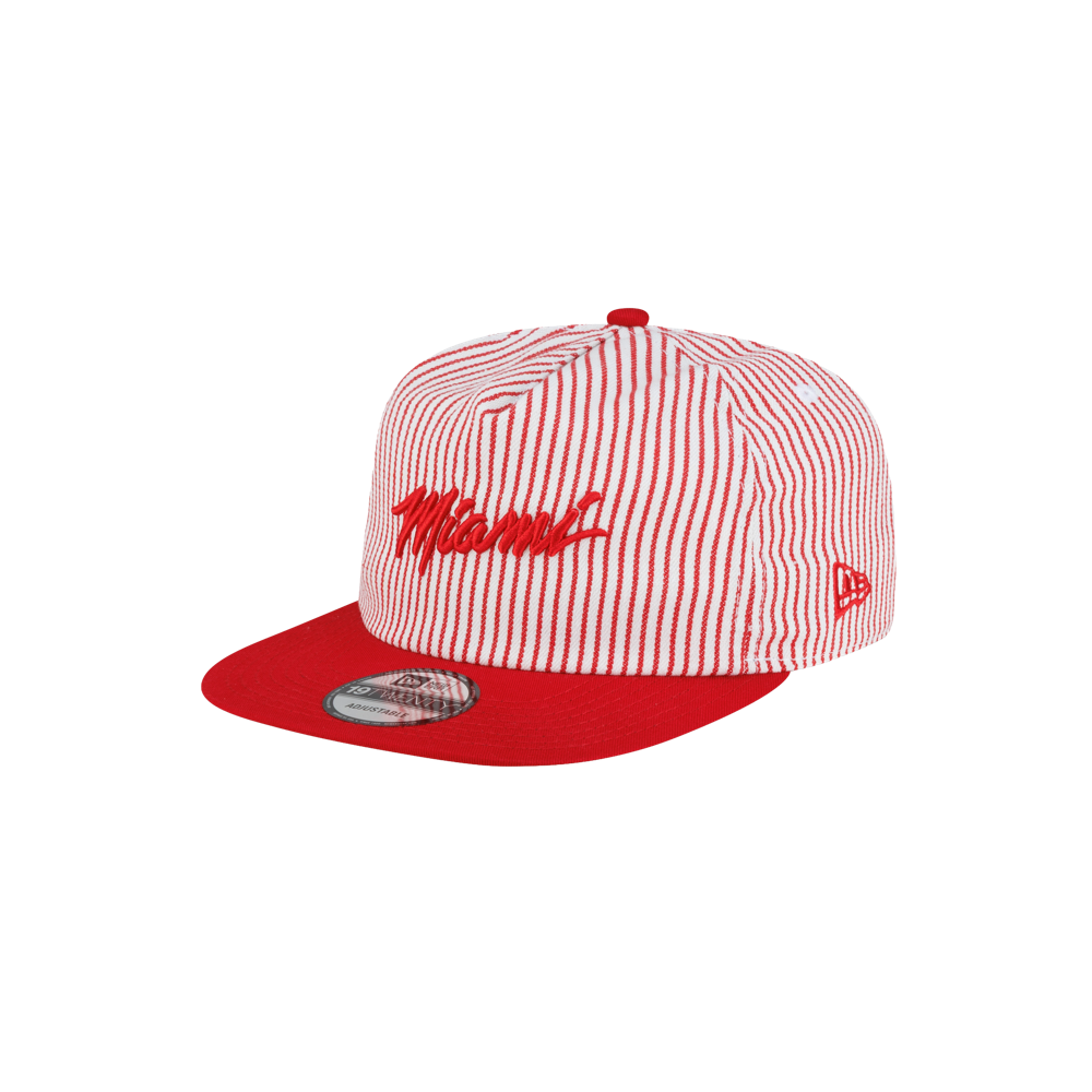Court Culture x New Era Pinstripes snapback cap in red and white pinstripes with Miami embroidered in red script on the front.