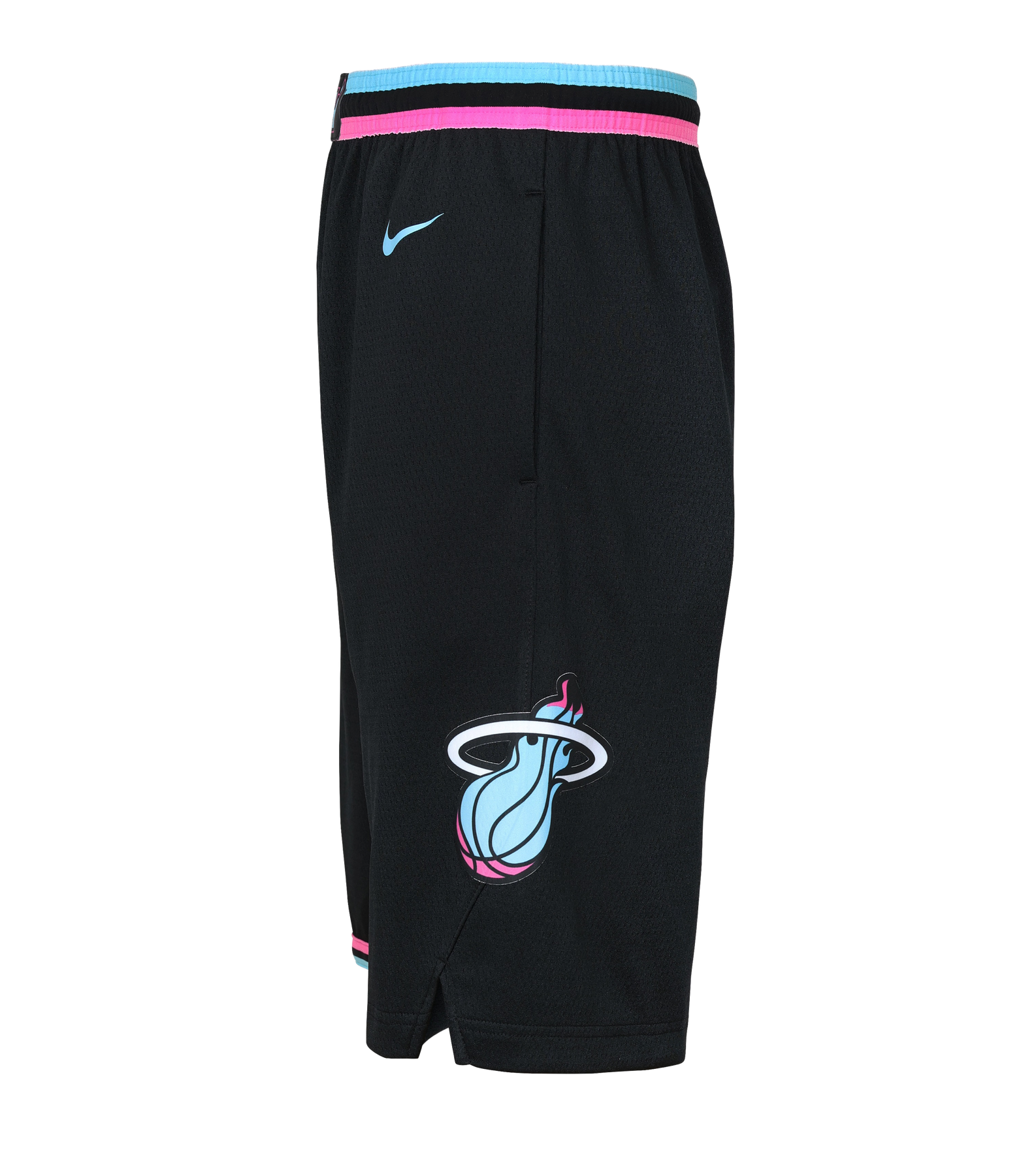 The Nike Miami HEAT Original Vice Nights Youth Swingman Shorts feature black polyester with pink and blue trim, a light blue Nike logo, and a Miami Heat flaming basketball logo. Standard fit; machine wash cold for easy care.