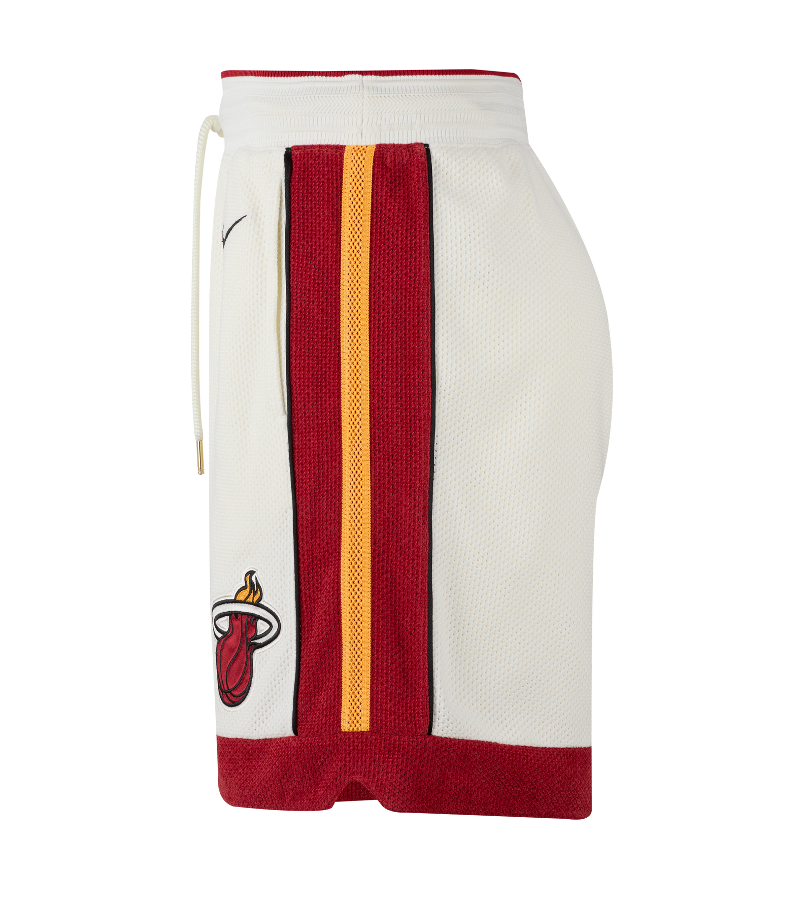 The Nike Miami HEAT LeBron James Forever King Shorts feature bold red and yellow stripes, the team logo near the hem, a Nike swoosh, sweat-wicking Dri-FIT fabric, and a drawstring waistband for comfort on the court.