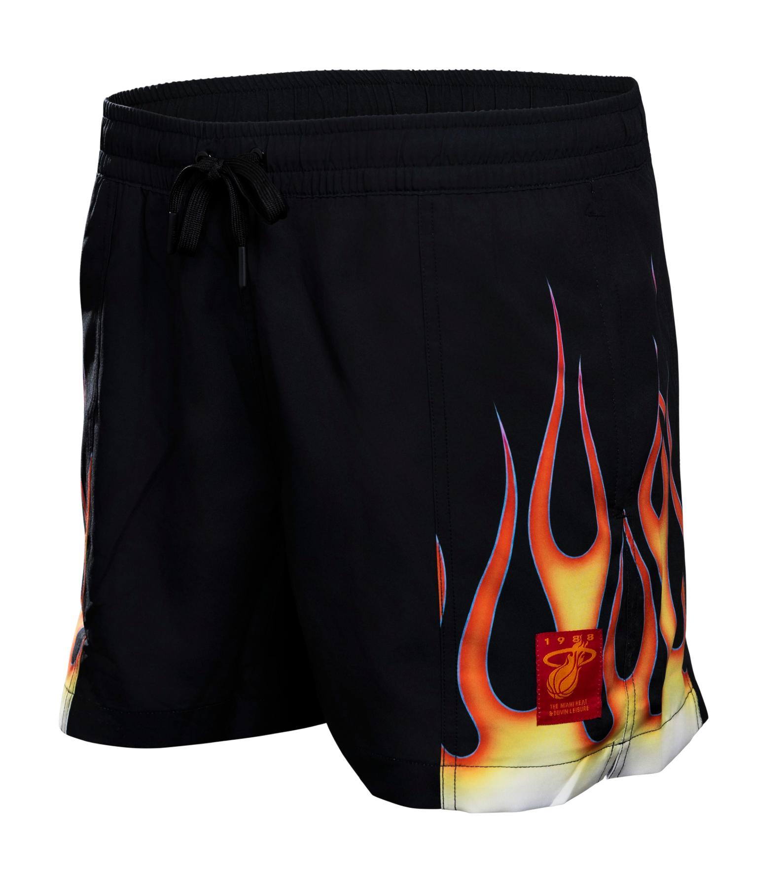 The Court Culture x Duvin “Heatwave” Swim Trunks by Court Culture are black vintage volley shorts with a drawstring waist, highlighted by bold yellow and orange flame graphics along the sides and a small red rectangular patch near the hem—perfect quick-dry beach trunks for Miami HEAT fans.