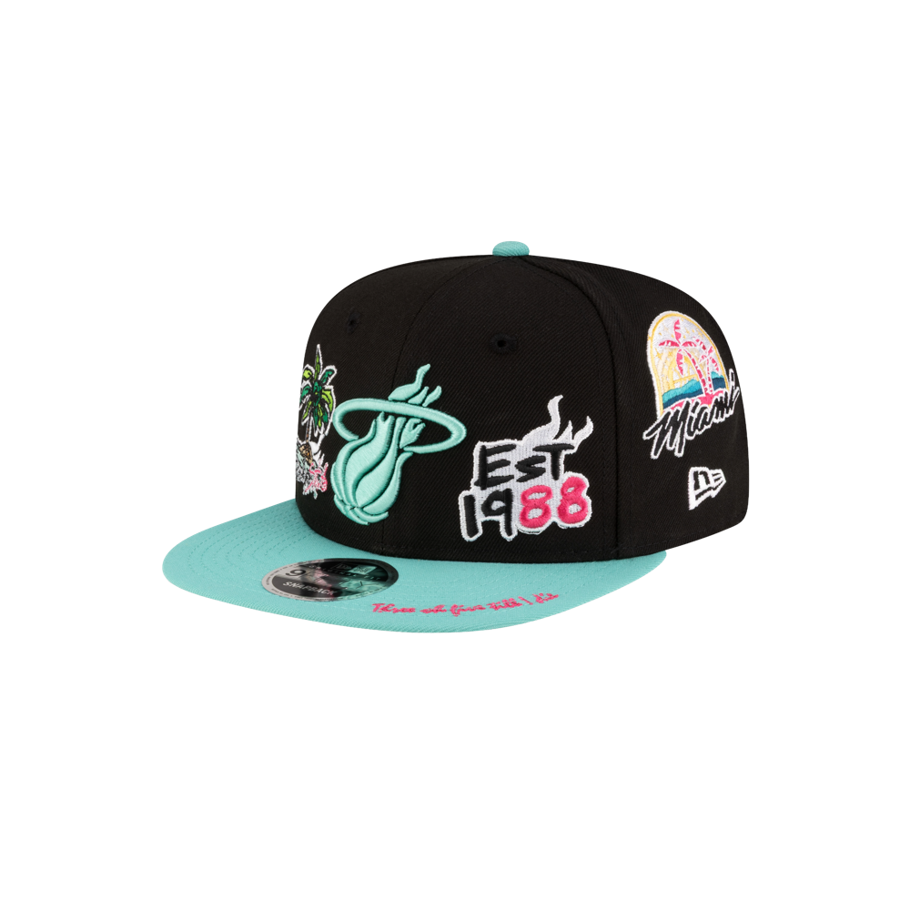 The Court Culture Original Vice Nights Patch Snapback by Court Culture is a black and teal polyester hat with sewn-in graphics, colorful embroidered patches including the Miami Heat logo, palm trees, Est 1988, and 