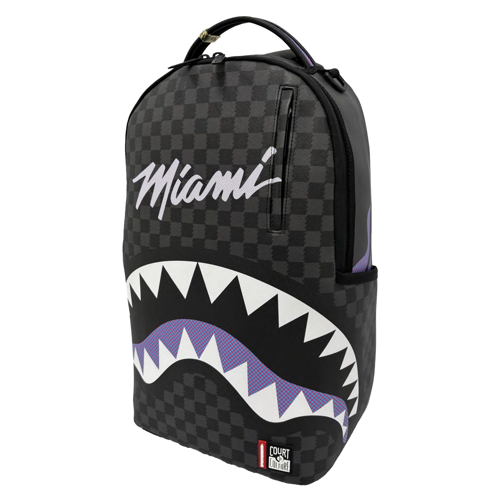 Introducing the Court Culture x Sprayground Miami HEAT Script Leather Backpack by Sprayground—a limited edition accessory featuring a checkered black design adorned with bold white Miami script, signature purple-accented shark teeth, and a Court in the City label near the base. Perfect for daily use or travel, this backpack offers a dedicated laptop compartment for tech protection and a convenient carry-on luggage sleeve for easy transport—all presented on a clean white background.