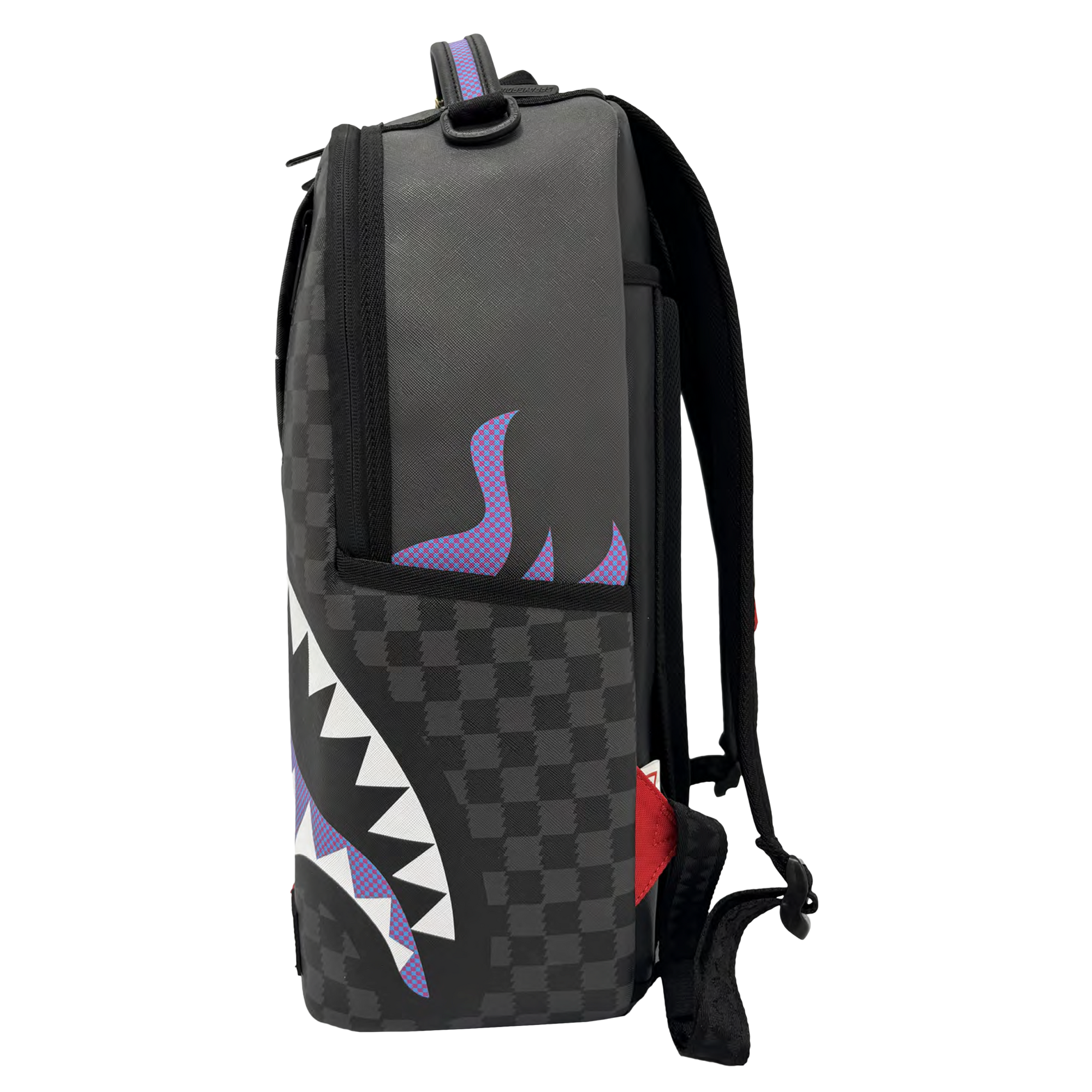 Side view of the Court Culture x Sprayground Miami HEAT Script Leather Backpack by Sprayground, featuring a black checkered design with a shark mouth graphic and purple accents. The limited edition bag includes a top handle, black straps, a red side tag, and a convenient laptop compartment.