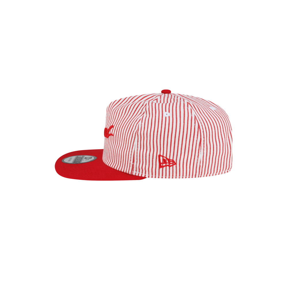 Court Culture x New Era Pinstripes snapback cap with a white and red pinstriped crown, a red flat brim, a small red logo on the side, and an adjustable fit.