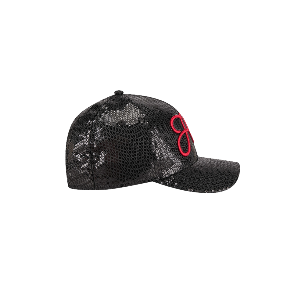 Introducing the New Era Miami HEAT Sequins Women’s Snapback – a stylish black sequin snapback cap featuring a prominent pink embroidered letter J on the front. Designed by New Era, this one-size hat is shown from the side against a crisp white background and can be easily spot cleaned, making it perfect for everyday wear.