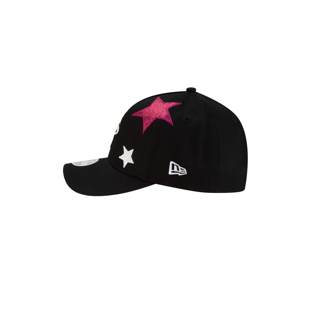 The New Era Miami HEAT Stardom Women's Hat is a modern black cap with a large pink star, two small white stars on the side, and a white New Era logo above the adjustable strap.