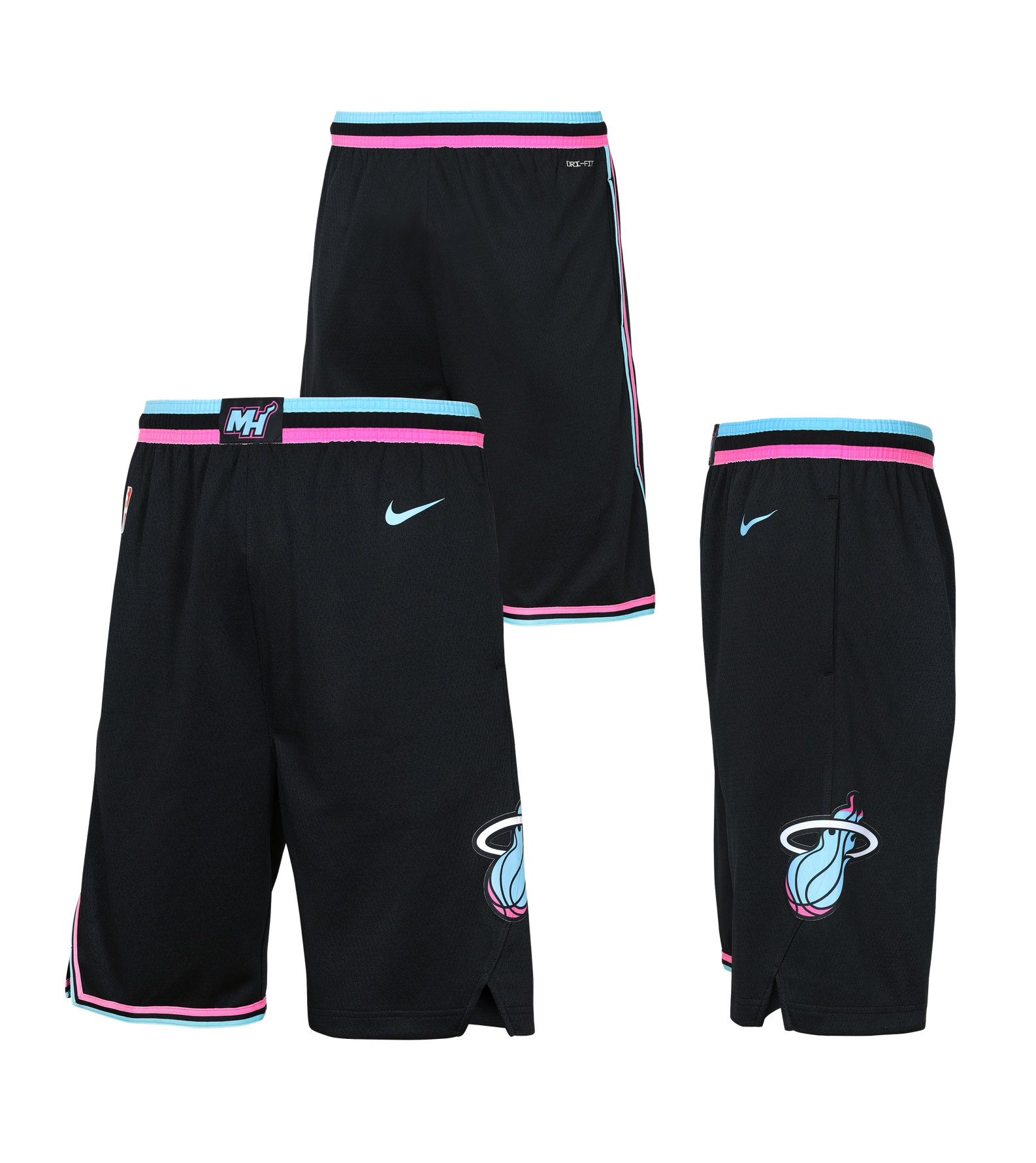 Three views of Nike Miami HEAT Original Vice Nights Youth Swingman Shorts in black, with pink and blue trim, Nike logo, and Heat flaming basketball logo on the left leg. Standard fit polyester; machine washable cold.