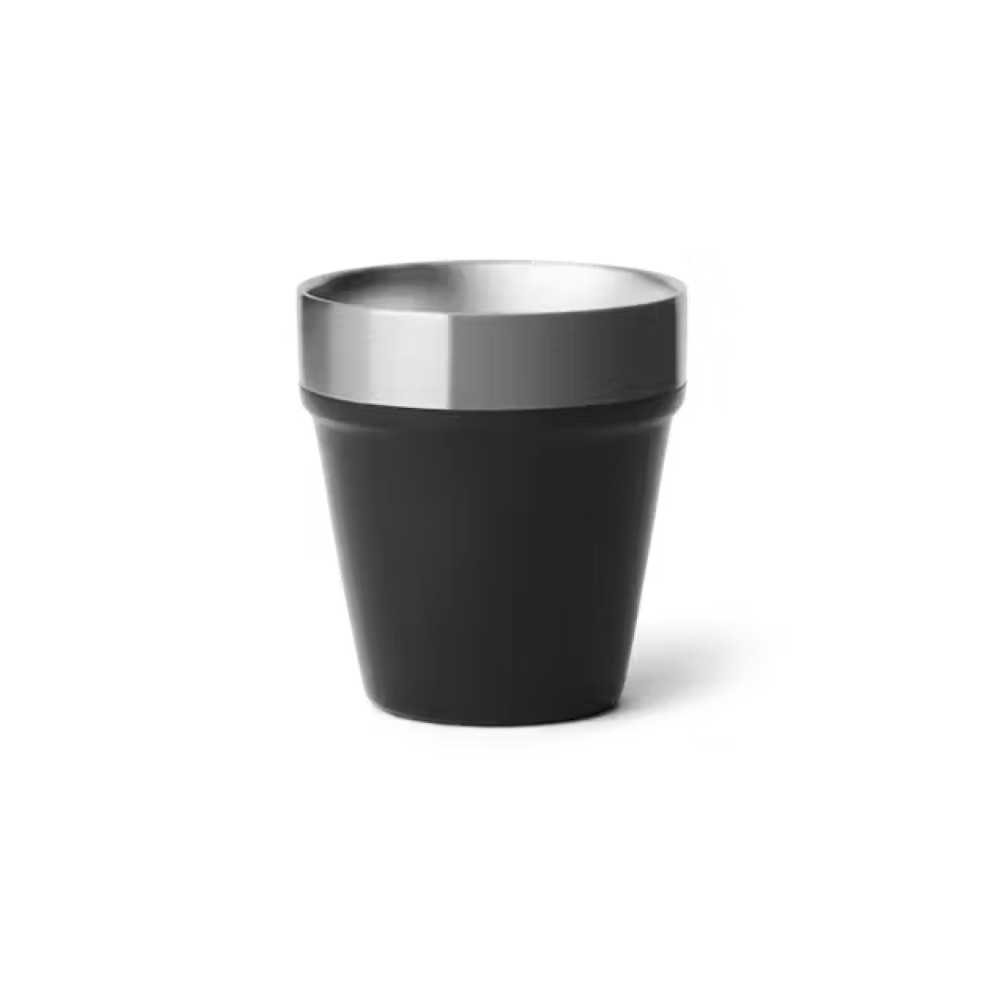 The Yeti Miami HEAT Shot Glass Set by Yeti features sleek black cups with wide metallic silver rims, shown on a white background—perfect for those wanting stylish stainless steel shot glasses.