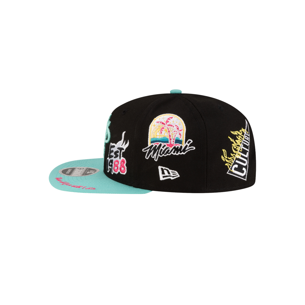 The Court Culture Original Vice Nights Patch Snapback is a black polyester hat with sewn-in palm tree, Miami, EST 1988, and Culture graphics. It features a turquoise underbill, side New Era logo, and adjustable snapback—one size fits most.
