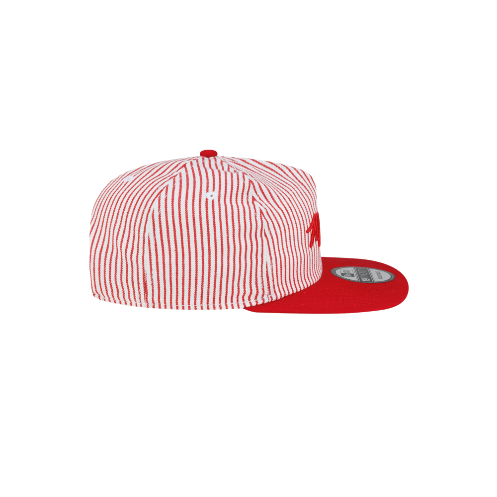 Court Culture x New Era Pinstripes adjustable snapback cap with a white and red pinstriped crown, a red flat brim, and a red embroidered logo on the side.