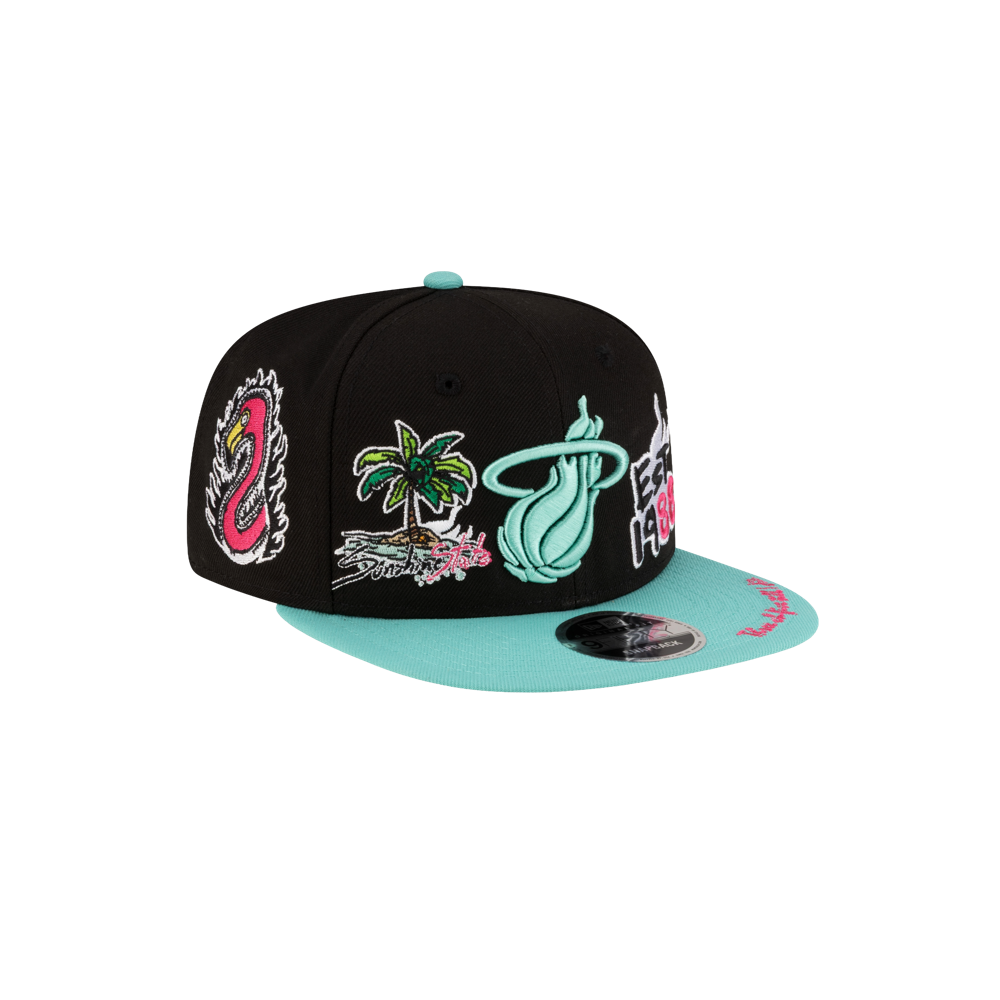 The Court Culture Original Vice Nights Patch Snapback is a black and teal polyester hat with sewn graphics: a teal Miami Heat logo, palm trees, flaming basketball, and red number 3. Features a teal brim with black sticker; one size fits most.