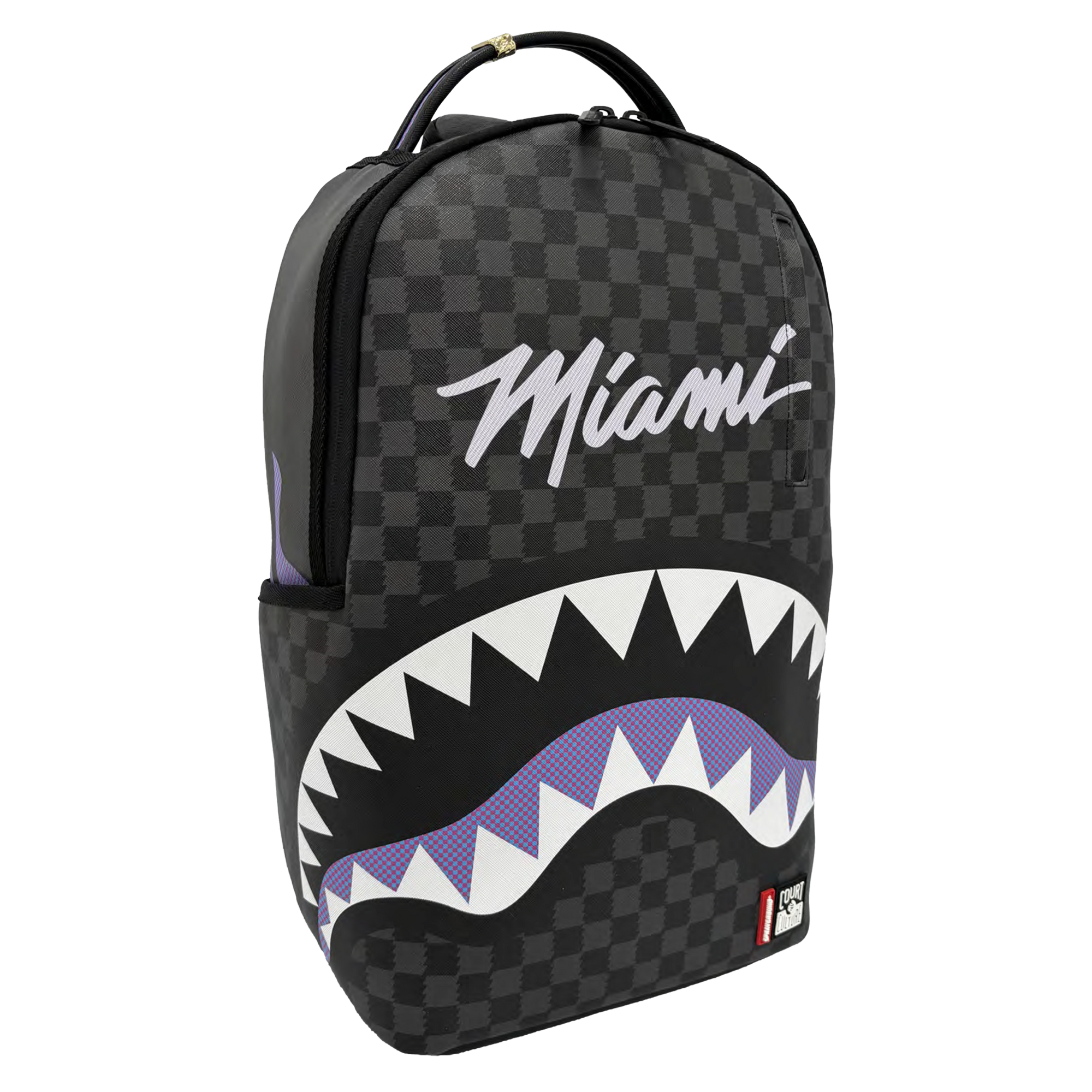 The Sprayground Court Culture x Sprayground Miami HEAT Script Leather Backpack features a black and gray checkered limited edition design with “Miami” written in white script, a bold stylized shark mouth graphic accented in purple on the front, and includes a convenient carry-on luggage sleeve for easy travel.