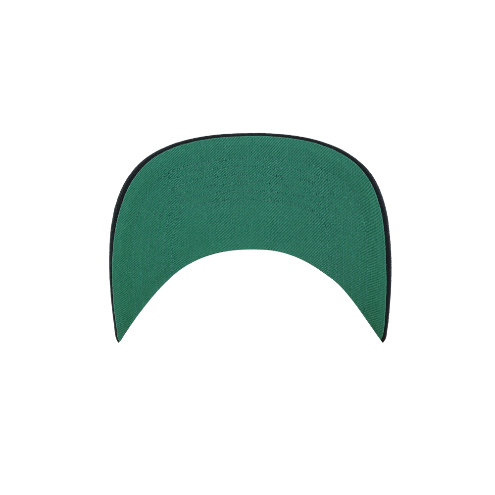 Underside of a forest green cotton ’47 Brand x Faherty Miami HEAT Hitch Snapback brim with a black edge.
