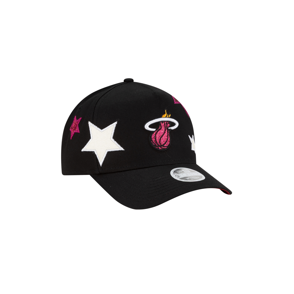 The New Era Miami HEAT Stardom Women's Hat features white and pink star patches with the team logo on the front, all set against a crisp white background.