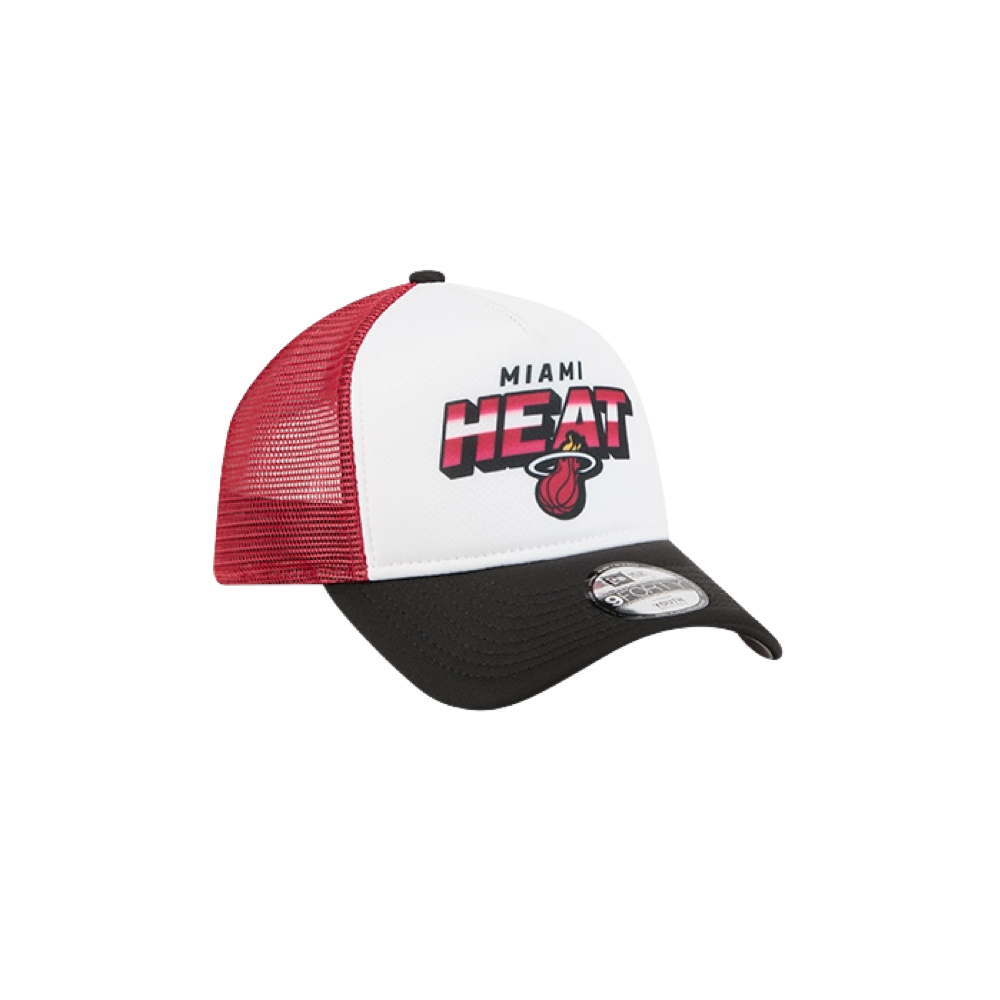 Miami HEAT youth snapback cap with white front, black brim, and red mesh back panel. - New Era Miami HEAT Streak Youth Trucker Snapback