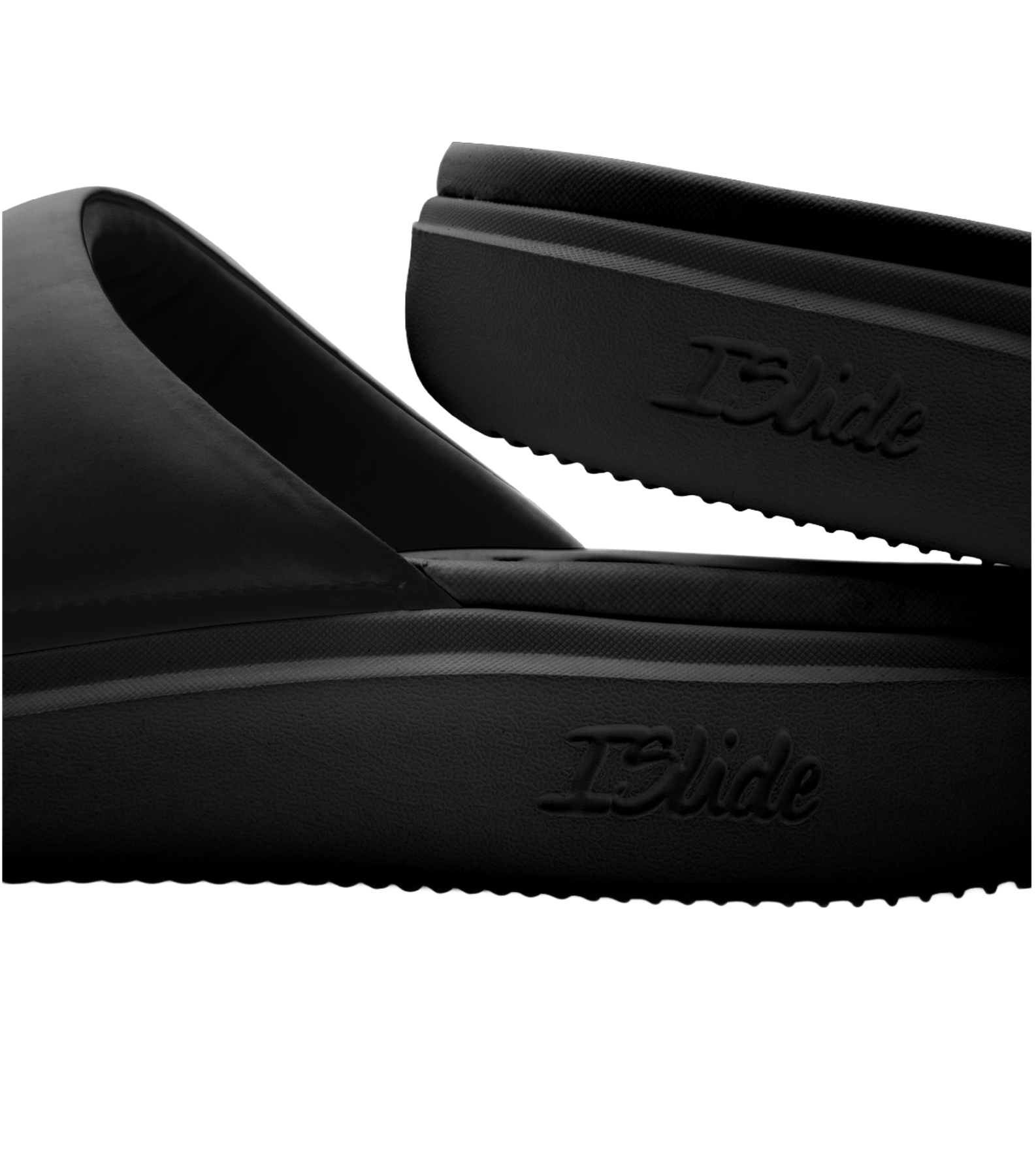 Close-up of two black ISlide Miami HEAT Original Vice Nights Logo Sandals overlapping on a white background, with 