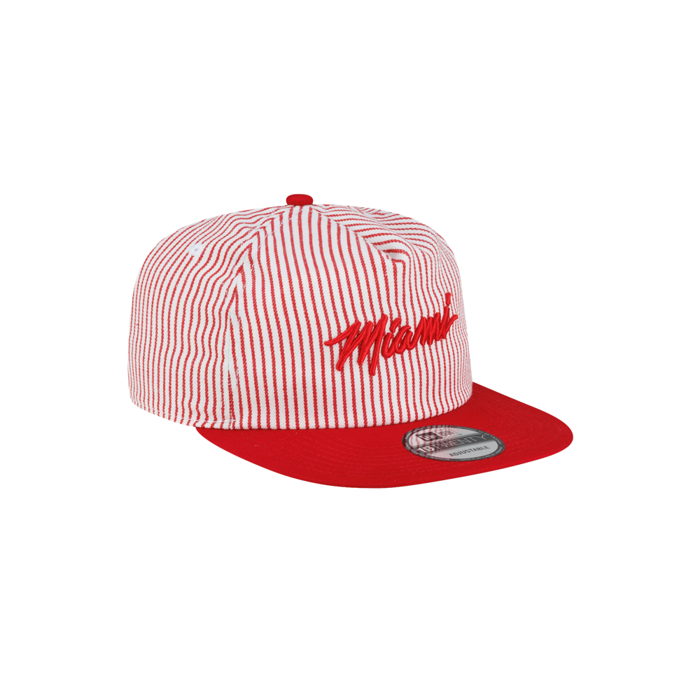 Court Culture x New Era Pinstripes snapback in red and white pinstripes with the word Miami embroidered in red script.