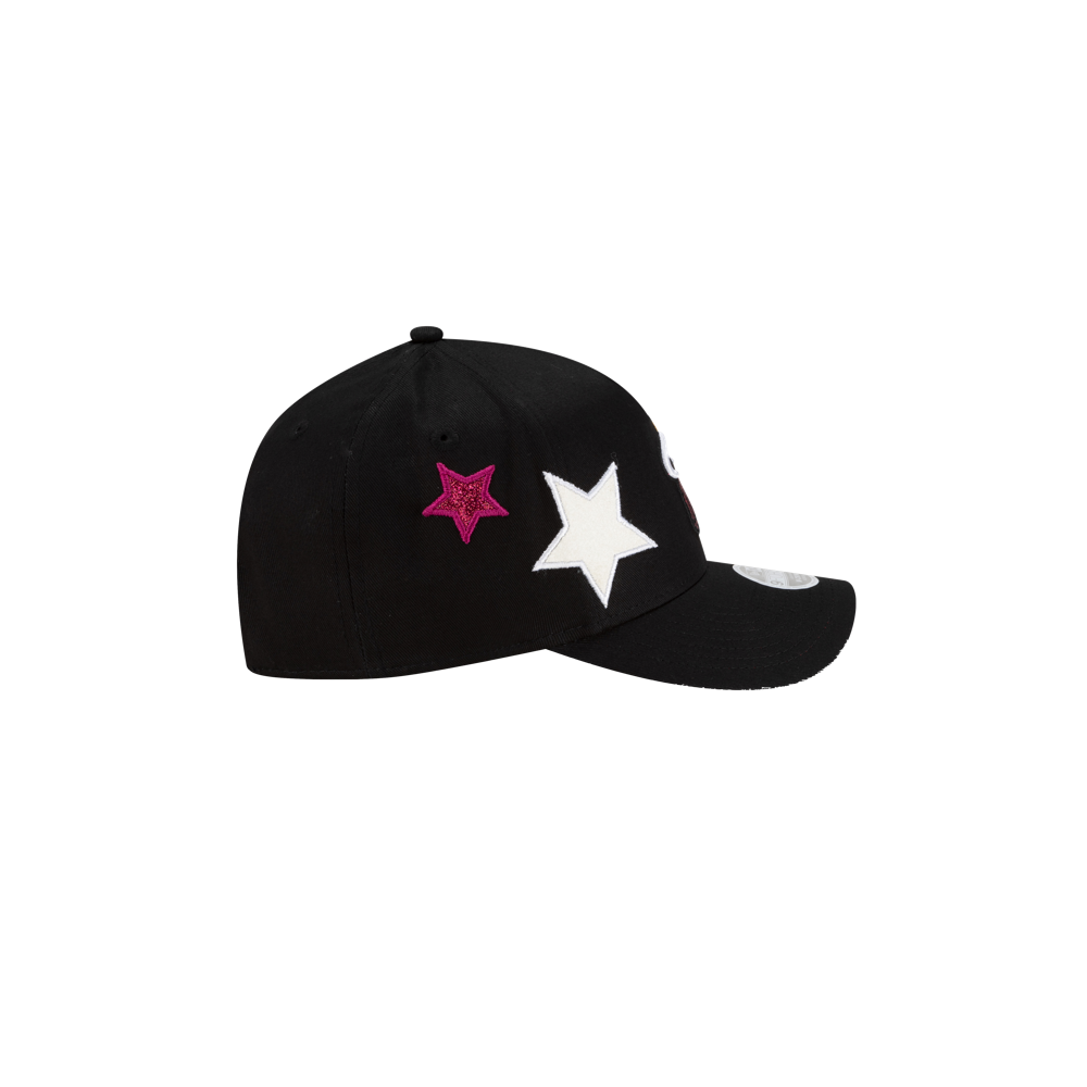 The New Era Miami HEAT Stardom Women's Hat is a black 9FORTY cap featuring a large white star and a smaller pink star on the side, shown against a plain white background.