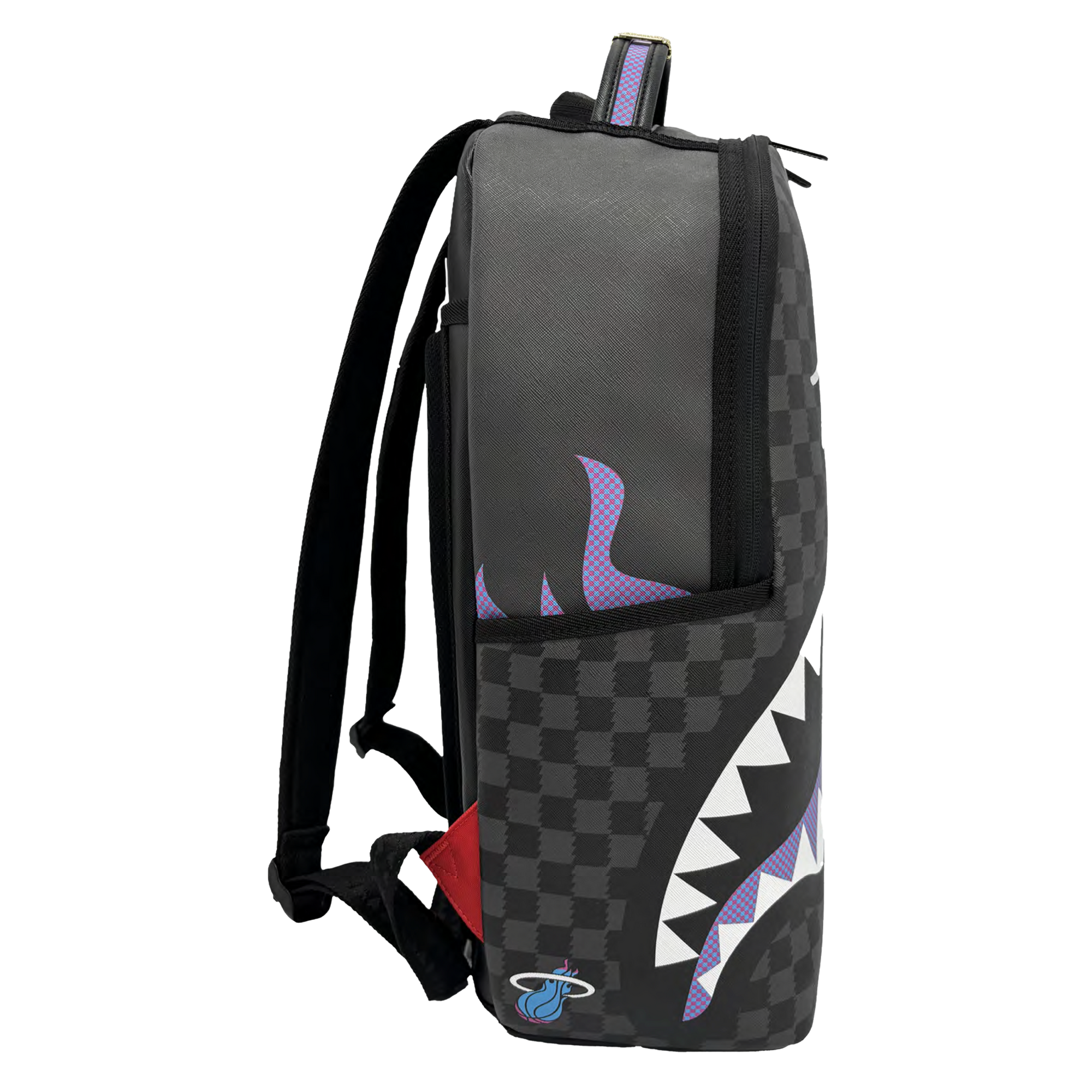Side view of the Court Culture x Sprayground Miami HEAT Script Leather Backpack by Sprayground, featuring a black checkered limited edition design with a purple shark mouth graphic, a purple fin accent, and a small Miami Heat logo at the bottom. The backpack’s straps and handle are visible, and it includes both a convenient carry-on luggage sleeve and a secure laptop compartment for enhanced functionality.