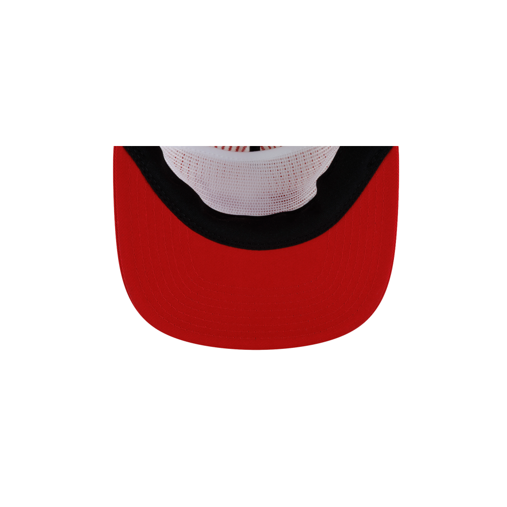 Red Court Culture x New Era Pinstripes Snapback hat with a cotton visor, a black interior band, and a white mesh backing on this adjustable cap.