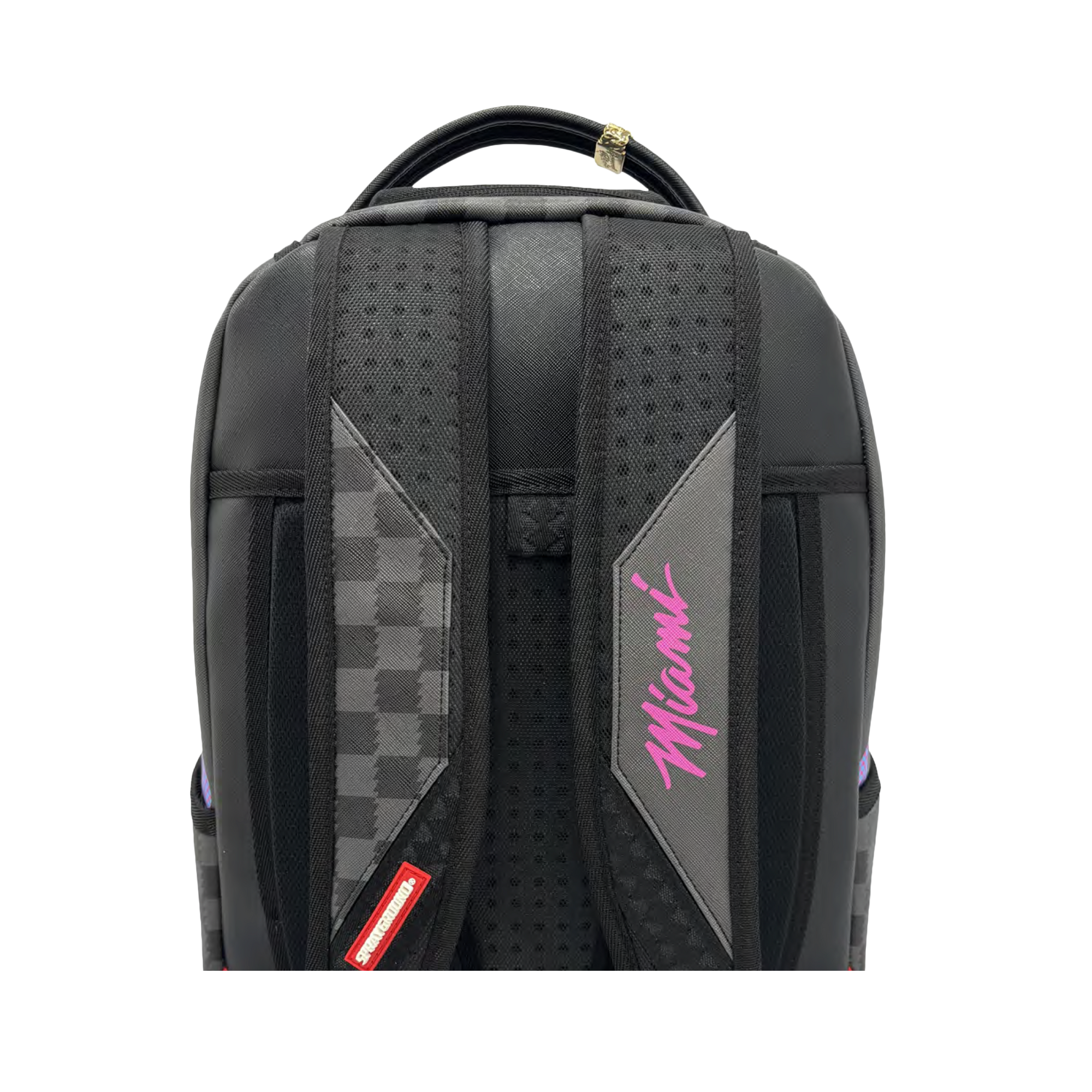 The Sprayground Court Culture x Sprayground Miami HEAT Script Leather Backpack is displayed from the back, showcasing its padded straps—one accented with a checkerboard pattern and the other detailed with pink script. Visible against a white background are the top handle and branded logo tags. Expertly crafted, this limited edition black backpack also features a spacious laptop compartment for enhanced functionality.