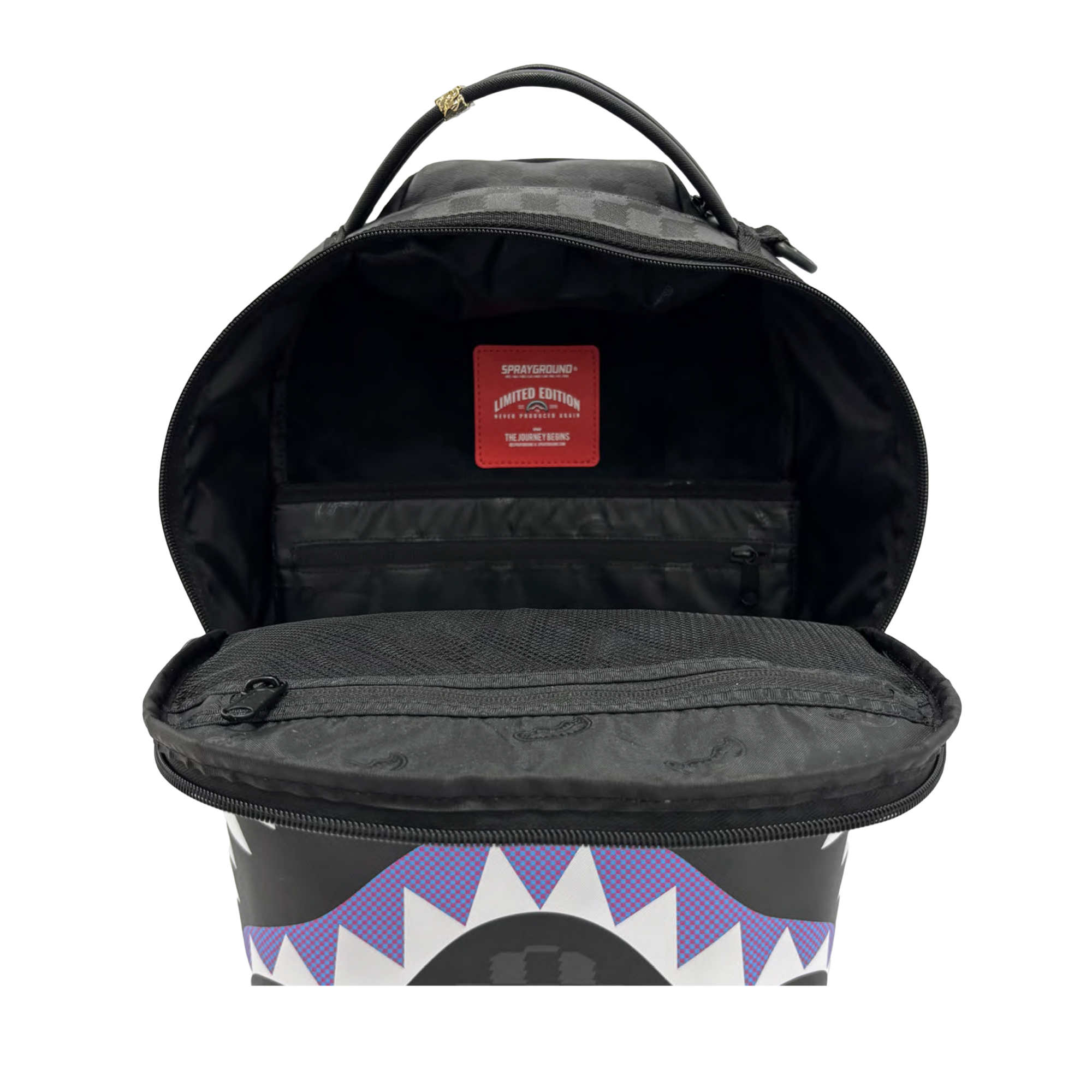 Open black Court Culture x Sprayground Miami HEAT Script Leather Backpack, showcasing interior compartments—including a dedicated laptop compartment—a mesh zipper pocket, and a red Limited Edition label. The exterior flap features a bold purple and white jagged design, making this limited edition Sprayground backpack both stylish and functional.