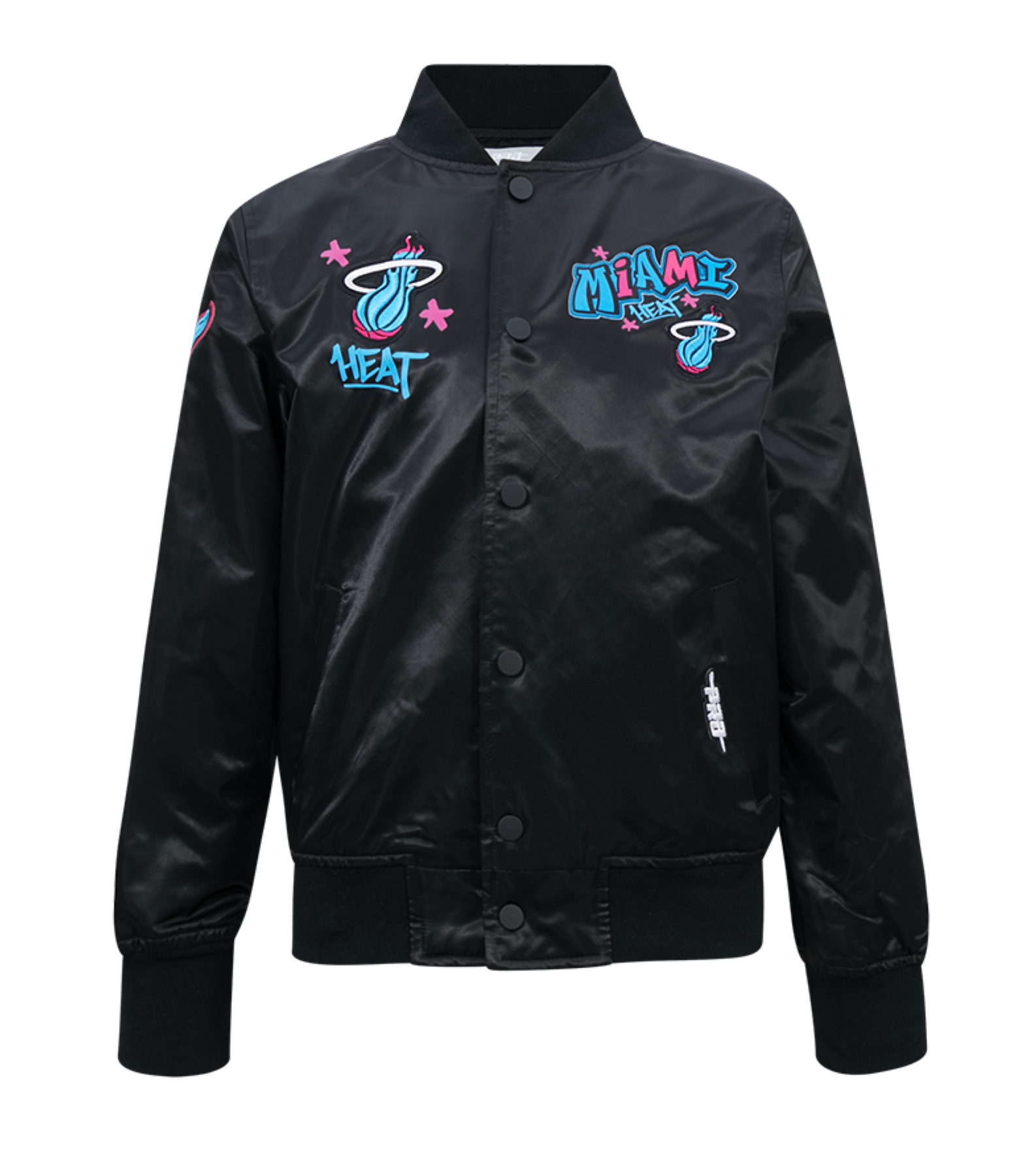 The Pro Standard Miami HEAT Original Vice Nights Youth Satin Jacket is a black polyester varsity jacket with blue and pink graffiti-style patches, including the team logo, MIAMI HEAT, and HEAT. It features a button-up front, ribbed cuffs, and collar.