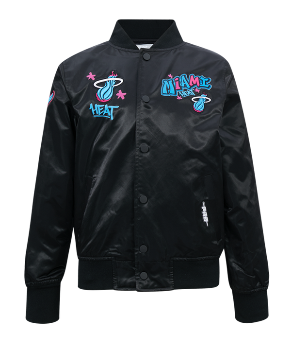 The Pro Standard Miami HEAT Original Vice Nights Youth Satin Jacket is a black polyester varsity jacket with blue and pink graffiti-style patches, including the team logo, MIAMI HEAT, and HEAT. It features a button-up front, ribbed cuffs, and collar.