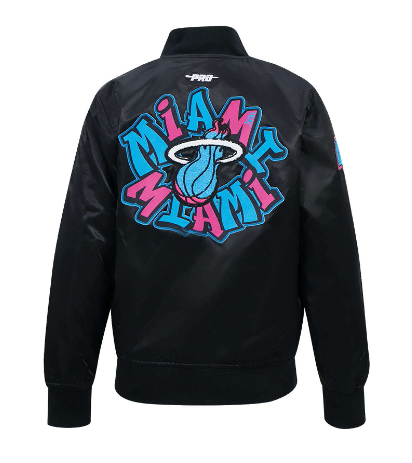 The Pro Standard Miami HEAT Original Vice Nights Youth Satin Jacket features a black polyester standard fit, a large colorful team logo on the back, blue and pink graffiti-style 