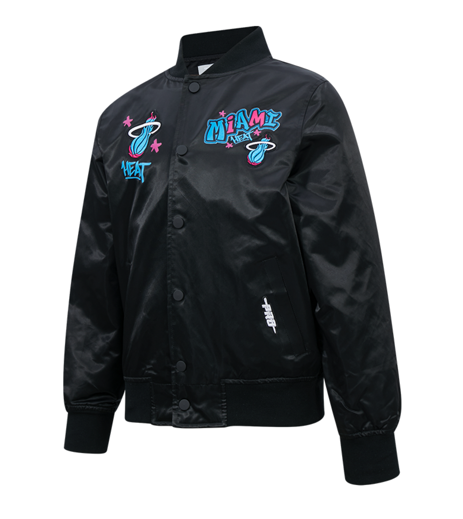 The Pro Standard Miami HEAT Original Vice Nights Youth Satin Jacket features a black satin finish, ribbed cuffs and collar, snap buttons, and pink, blue, and white team logos. Made from machine-washable polyester in a standard fit.