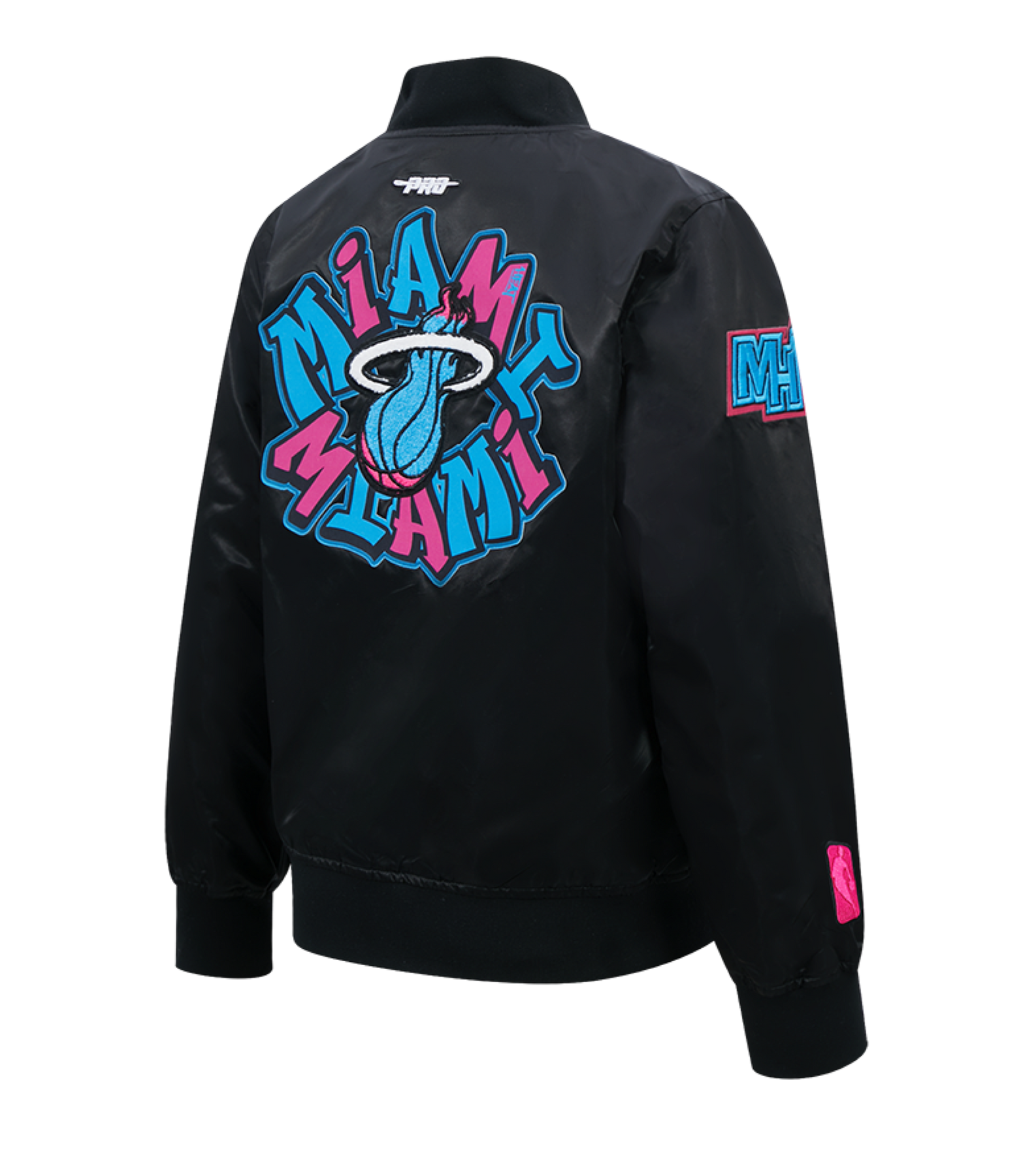 The Pro Standard Miami HEAT Original Vice Nights Youth Satin Jacket is a black polyester bomber with a large colorful Miami Heat logo and 