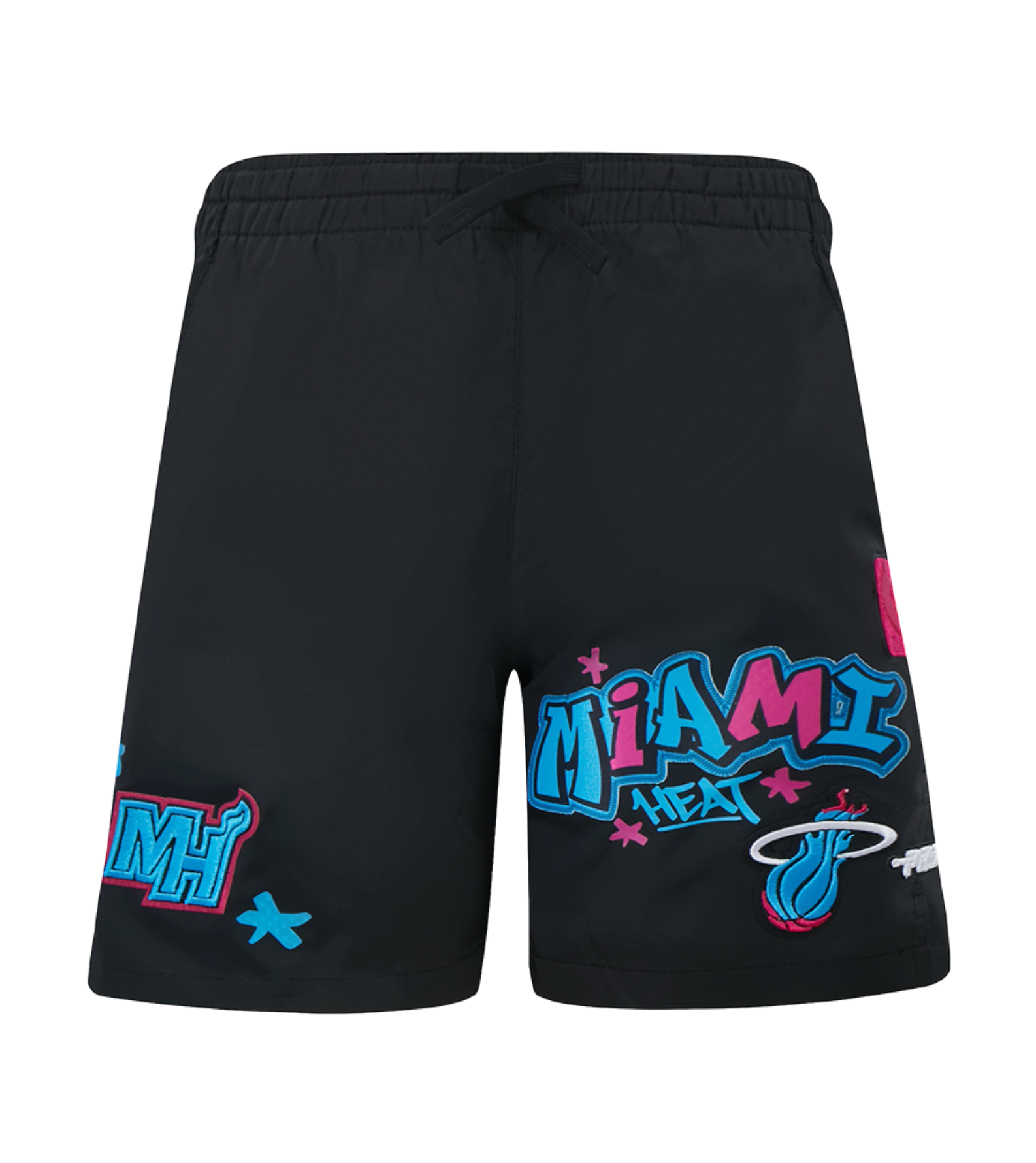 The Pro Standard Miami HEAT Original Vice Nights Youth Shorts feature black polyester fabric with colorful team logo graphics, blue, pink, and white designs, graffiti-style lettering, an elastic drawstring waist, and are machine washable.