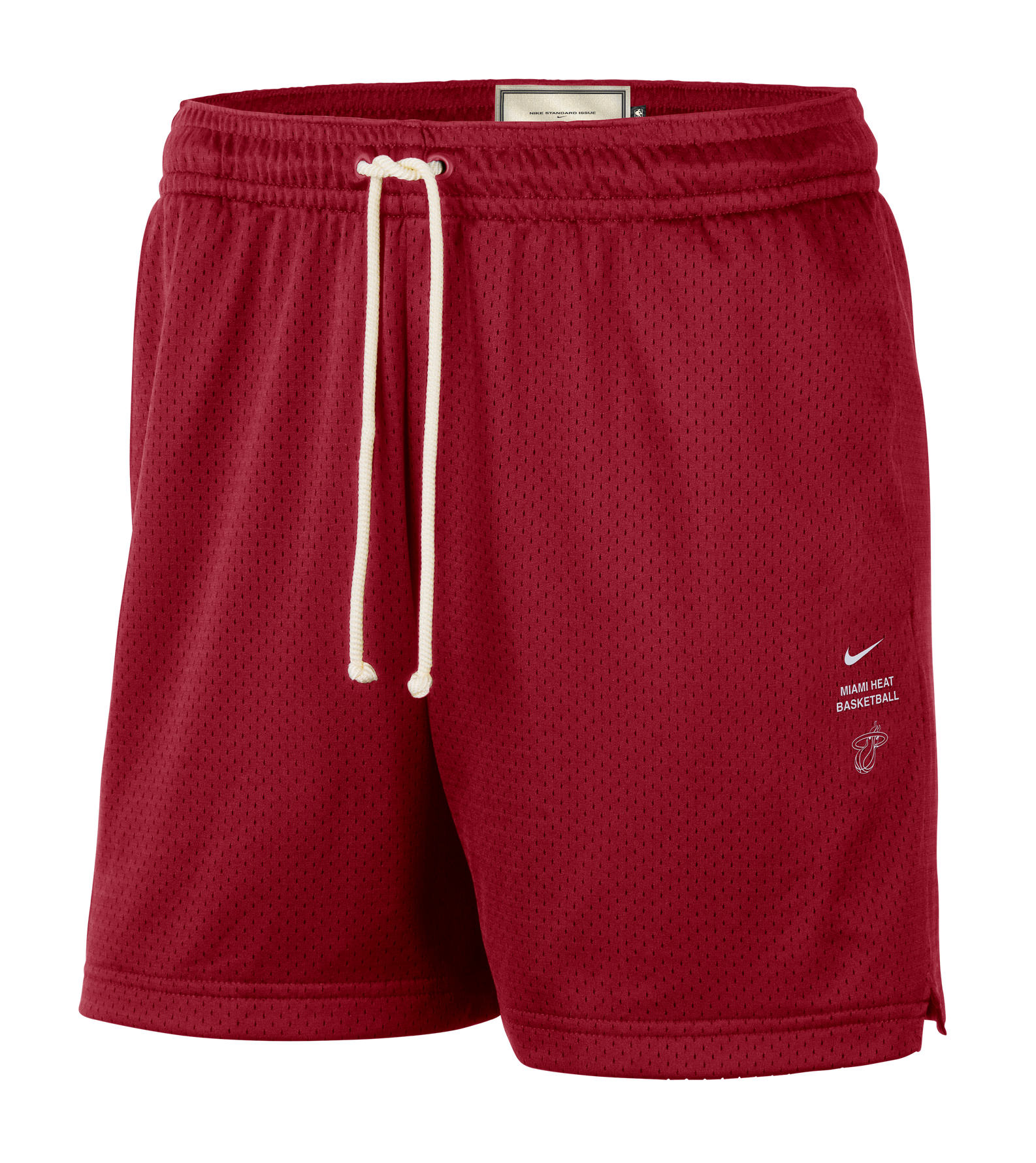Introducing the Nike Miami HEAT Standard Issue Mesh Shorts by Nike. These red mesh basketball shorts feature a white drawstring, with the iconic small Nike logo, “Miami Heat Basketball” text, and team logo printed on the left leg. Crafted from polyester, they offer a mid-thigh length, elastic waistband, and a relaxed standard fit for ultimate comfort.