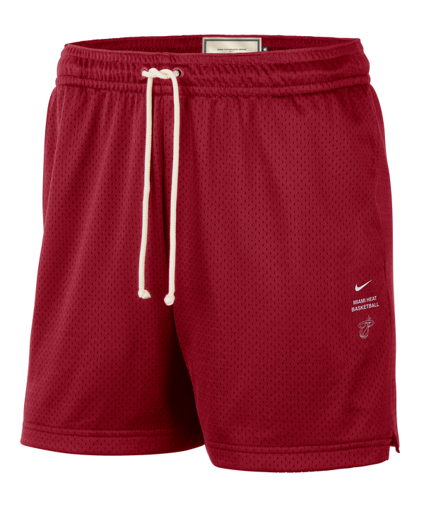 Introducing the Nike Miami HEAT Standard Issue Mesh Shorts by Nike. These red mesh basketball shorts feature a white drawstring, with the iconic small Nike logo, “Miami Heat Basketball” text, and team logo printed on the left leg. Crafted from polyester, they offer a mid-thigh length, elastic waistband, and a relaxed standard fit for ultimate comfort.