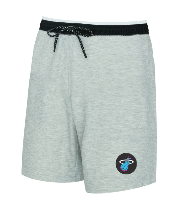 The Concepts Sports Miami HEAT Original Vice Nights Shorts feature a relaxed fit in light gray, soft polyester-cotton blend, with a black elastic waistband, drawstring, and Miami Heat logo patch. Machine wash cold.