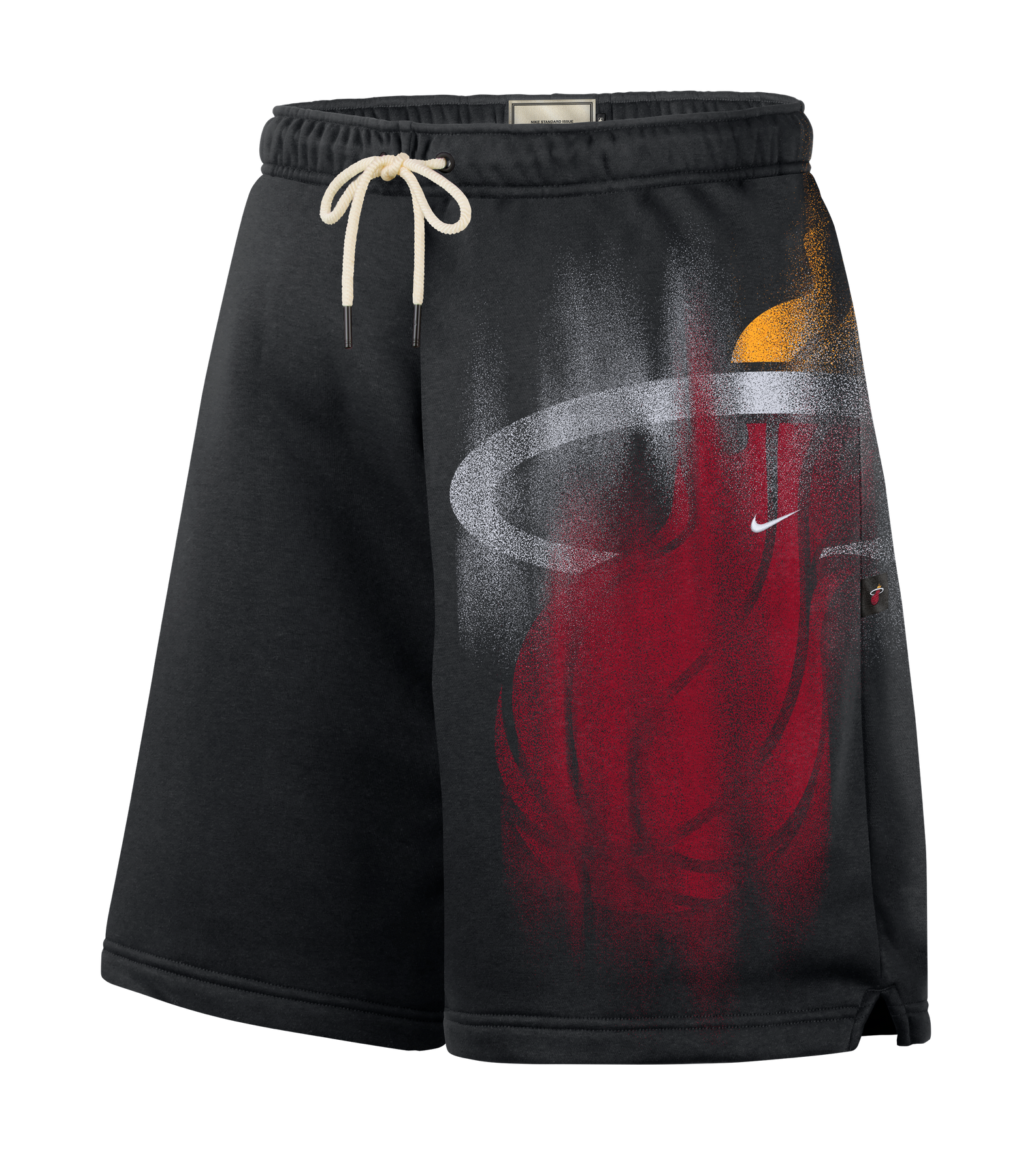 The Nike Miami HEAT Oversized Fleece Logo Shorts feature a black athletic fleece design with a white drawstring and a stylized Miami Heat basketball flame logo in red, orange, and gray on the left leg. Made by Nike in a loose fit with Therma-FIT technology to help keep you warm, these shorts also include a small white Nike Swoosh.
