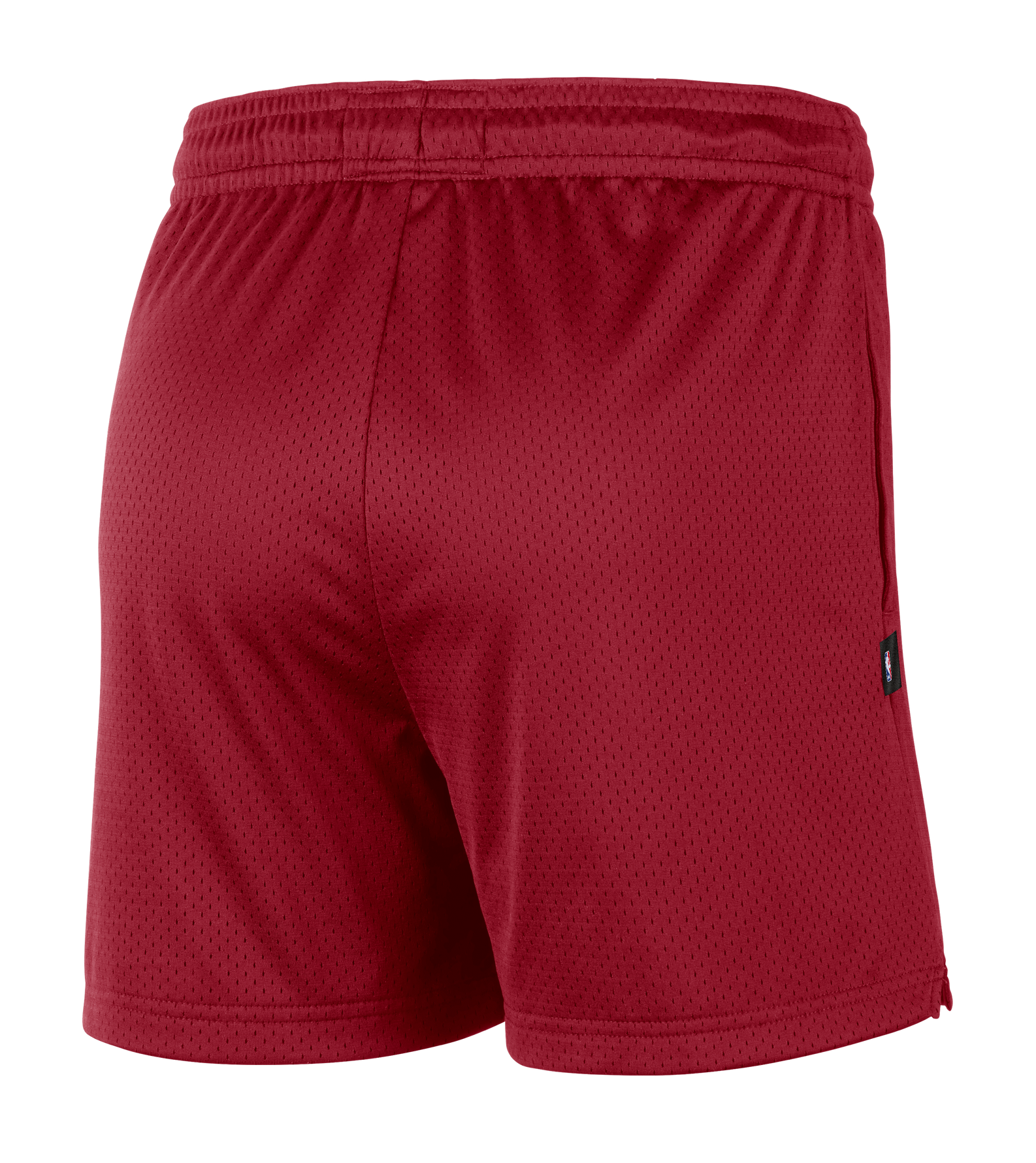 A pair of Nike Miami HEAT Standard Issue Mesh Shorts shown from the back, featuring a standard fit with an elastic waistband, a small black tag on the side, and a comfortable mid-thigh length.