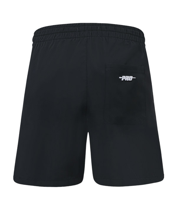 The Pro Standard Miami HEAT Original Vice Nights Youth Shorts feature black polyester fabric with colorful team logo graphics, blue, pink, and white designs, graffiti-style lettering, an elastic drawstring waist, and are machine washable.