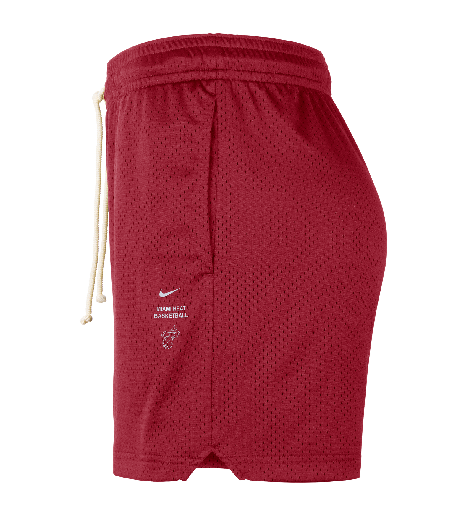 Side view of the Nike Miami HEAT Standard Issue Mesh Shorts in red, featuring a cream drawstring, breathable mesh texture, and the Nike logo above “Miami Heat Basketball” text on the left leg. These standard fit polyester shorts by Nike offer a comfortable mid-thigh length ideal for everyday wear or practice.