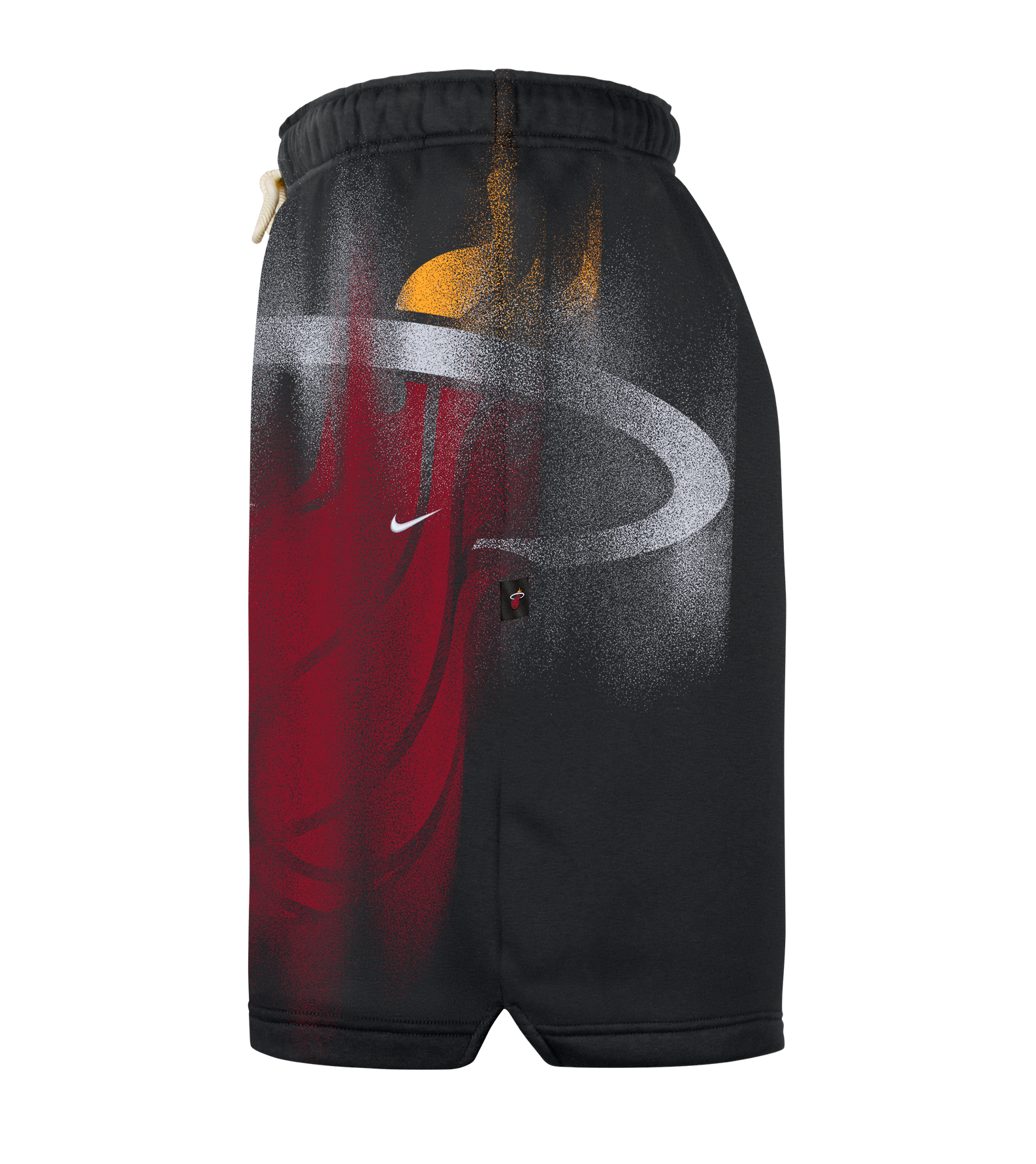 The Nike Miami HEAT Oversized Fleece Logo Shorts feature a black athletic design with an abstract flame pattern in red, yellow, and white, as well as a Nike logo and the Miami Heat logo on the left side. Crafted with Therma-FIT technology for optimal warmth and comfort, these loose-fit shorts also include a beige drawstring at the waistband.