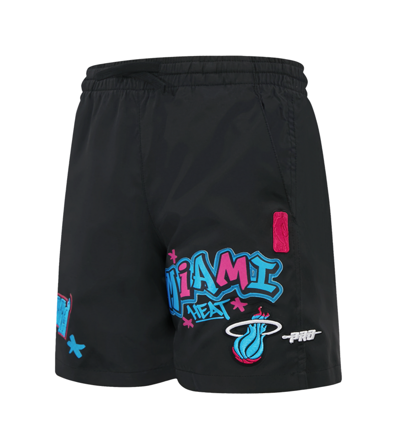 The Pro Standard Miami HEAT Original Vice Nights Youth Shorts feature a black polyester build with colorful graffiti-style Heat text, a flaming basketball logo, blue and pink accents, an elastic waistband, relaxed fit, and easy machine wash care.