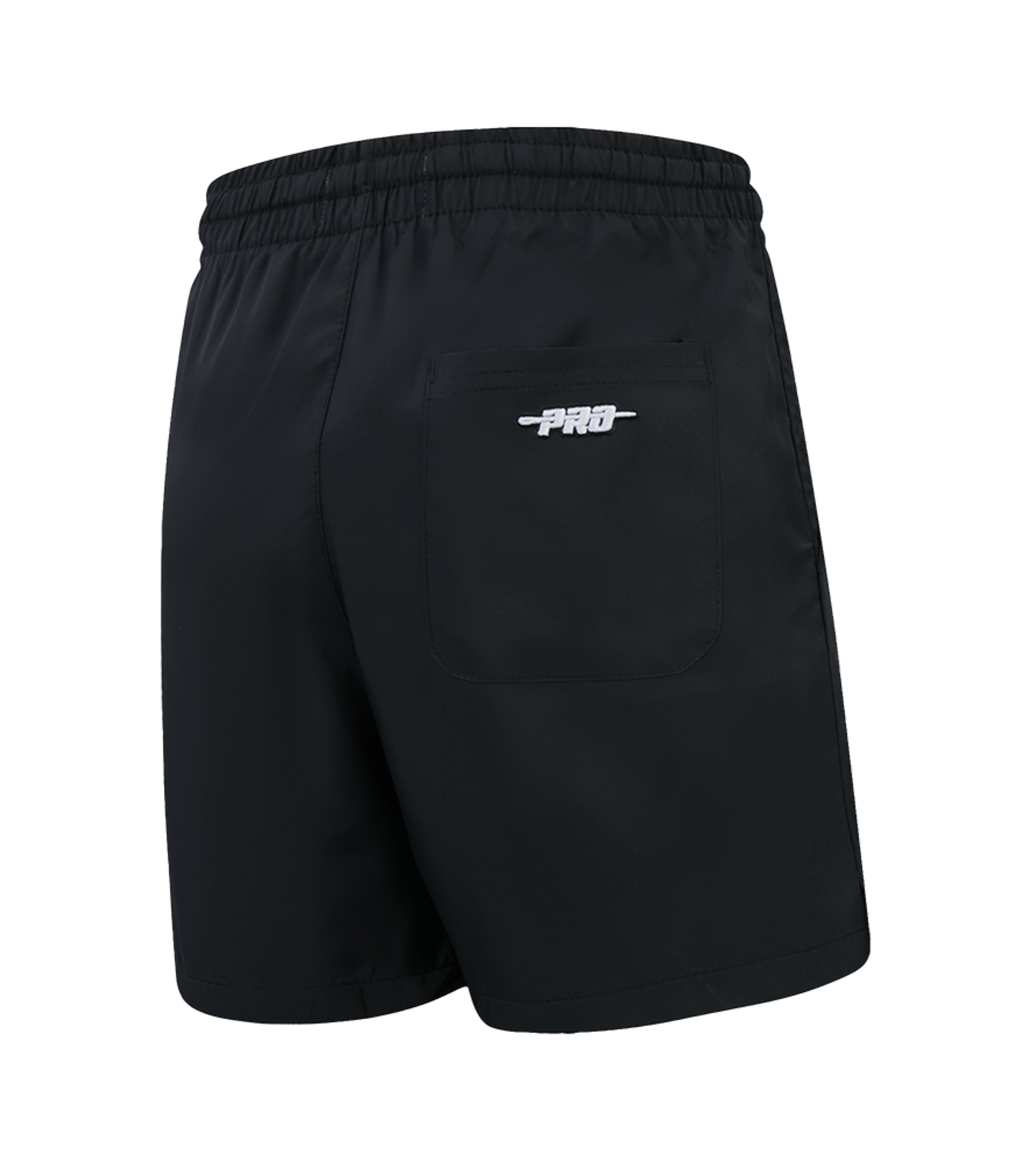 The Pro Standard Miami HEAT Original Vice Nights Youth Shorts feature black polyester fabric, a relaxed fit, elastic waistband, and a right-side patch pocket with the white PRO logo and bars. Machine washable for easy care. Shown from the back.