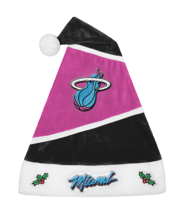 The Miami HEAT Original Vice Nights Santa Hat by Forever Collectibles features a blue and pink HEAT logo, 