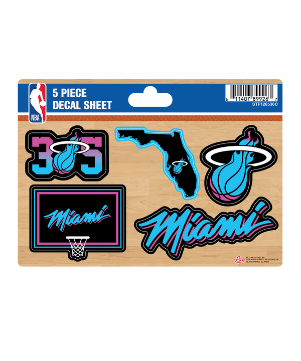 The Rico Industries Miami HEAT Original Vice Nights 5-Piece Decal Sheet features “305” with a flaming basketball, a Florida outline, the flaming basketball logo, a Miami street sign with hoop, and neon-style “Miami” script. Officially licensed.