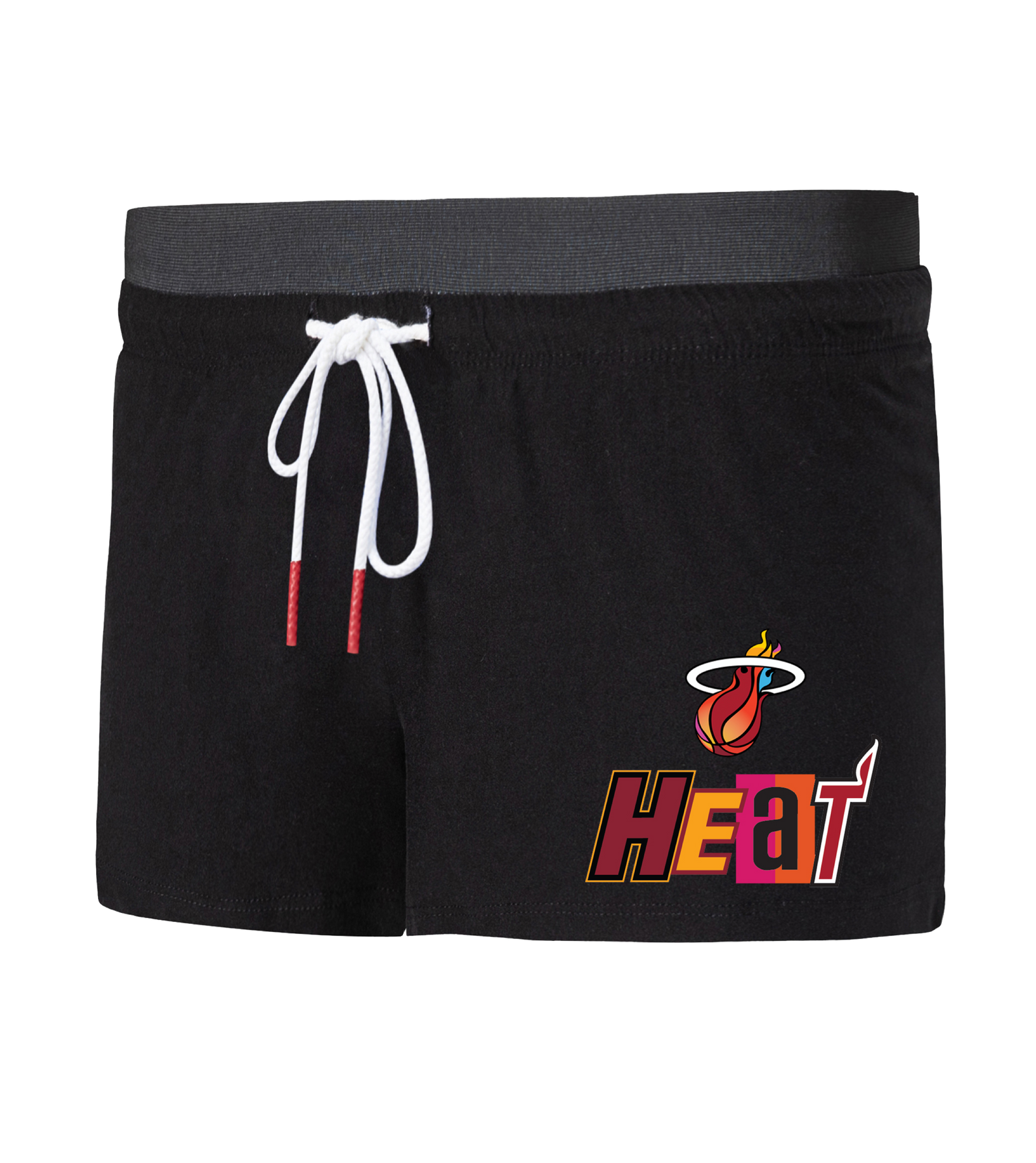 Concepts Sport Miami Mashup Vol. 2 Women’s Black Shorts feature a white drawstring and Miami Heat logo in red, yellow, and orange on the left front. Made from polyester spandex in a standard fit; machine wash cold for best care.