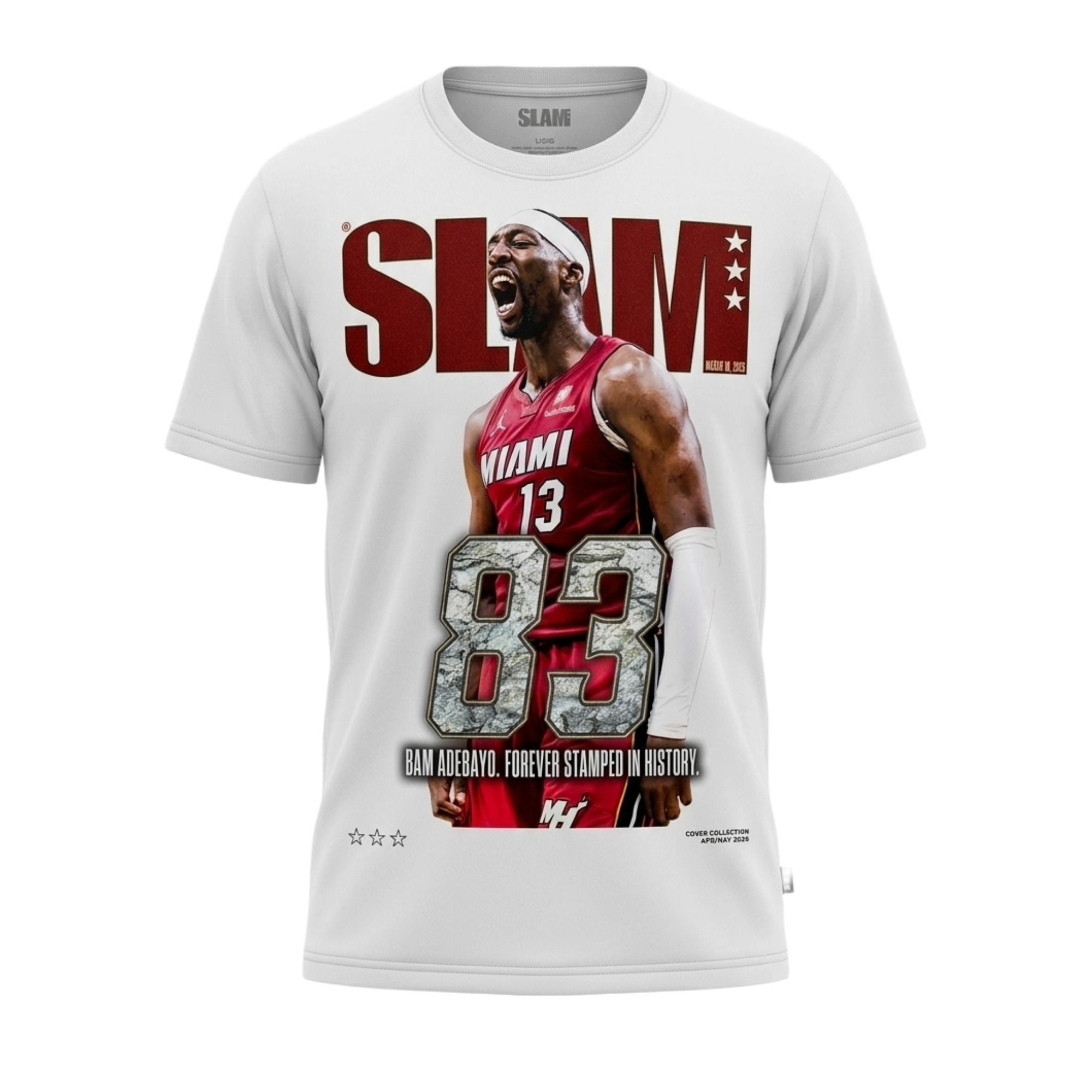 The Bam Adebayo SLAM Cover Tee by SLAM features Bam Adebayo in a Miami Heat jersey, inspired by his SLAM 261 cover. Bold red SLAM and 